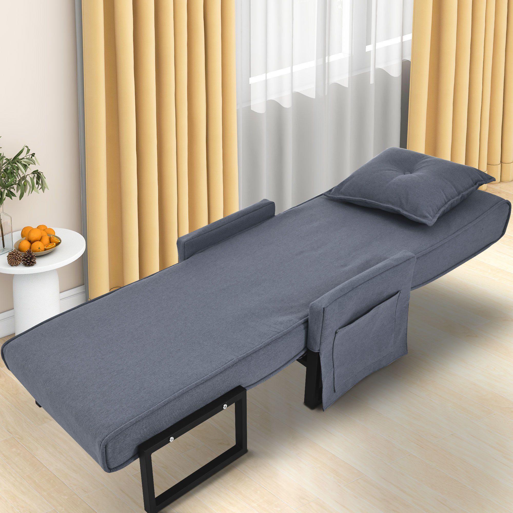 Merax Relaxsessel 3-in-1 faltbar mit Leinenbezug und Metallrahmen, Schlafsessel, Liegesessel mit 6 Fach vestellbarer Rücklehne, Relaxliege umwandelbar