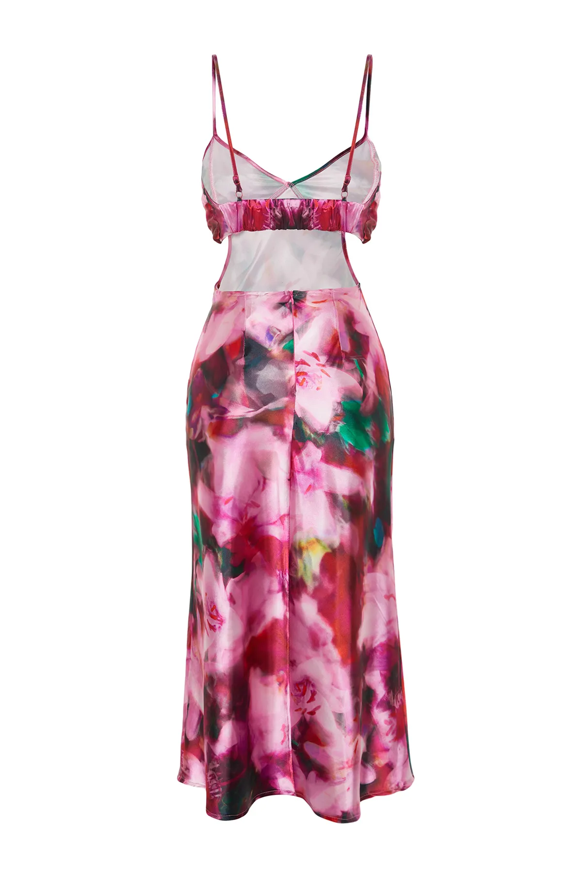 Trendyol Collection  Stilvolles Abendkleid aus gewebtem Satin mit Blumenmuster - Rosa und farbenfroh, TPRSS23EL00305