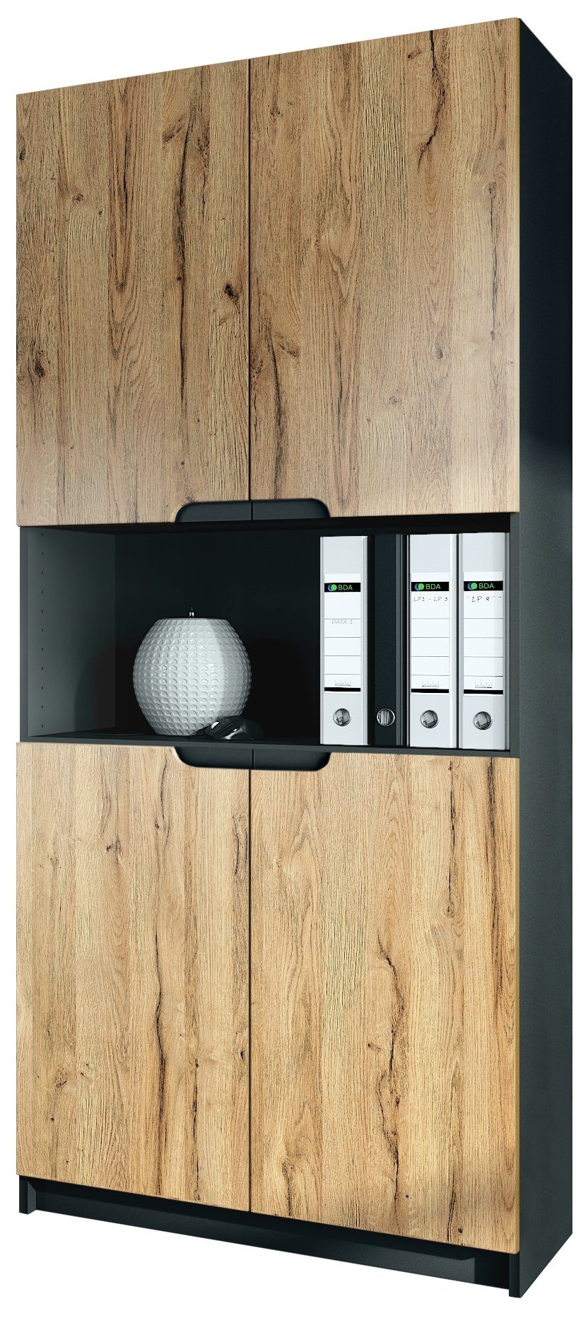 Vladon Aktenschrank Logan (Aktenschrank, mit 5 Fächern und 4 Türen) Schwarz matt/Eiche Natur (82 x 184 x 37 cm)