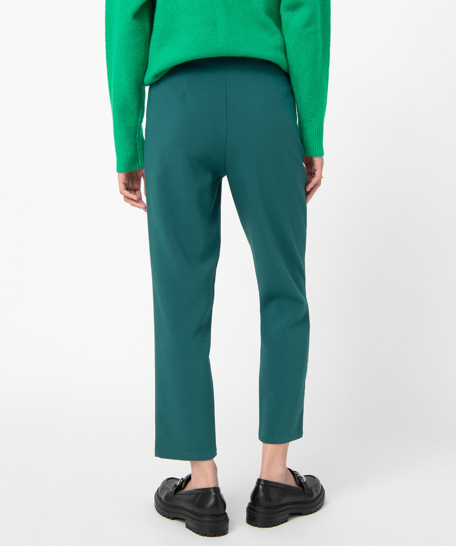 Pantalon femme en toile coupe large et taille haute vert | GEMO