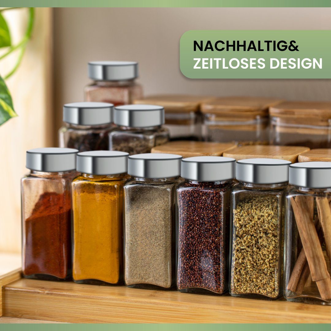 PORADA Gewürzbehälter Gewürzstreuer 120 ml Edelstahl Deckel x172 Etiketten Stift & Trichter, (Set, 24-tlg., 24x Gewürzstreuer 120ml, 120x Aufkleber vorgedruckt, 52x Aufkleber Blank), platzsparend, Edelstahl, luftdicht, aromenneutral