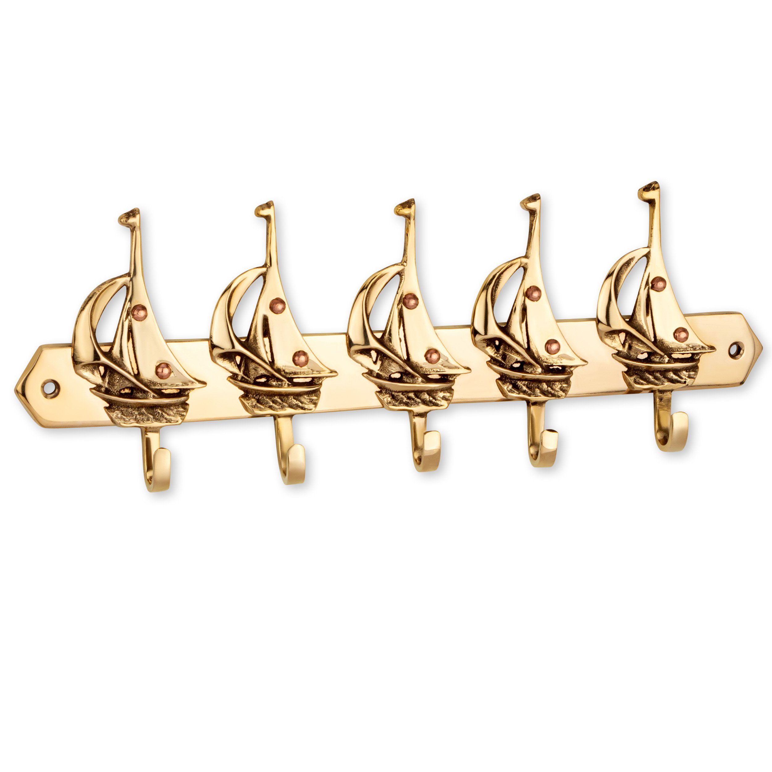 NKlaus Wandhaken Schlüsselhaken Segelbote 5-fach Messing gold 25 x 8 cm Maritim Schlüss, Schlüsselhaken, Handtuchhaken