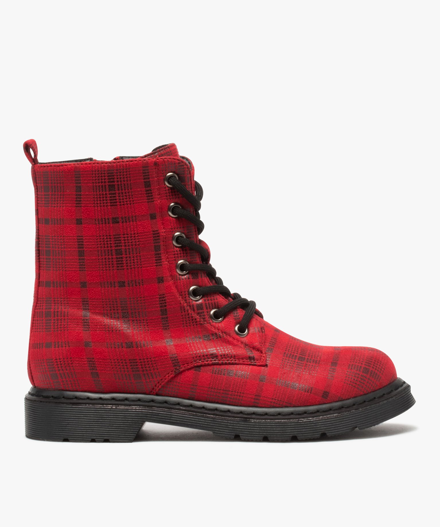 Boots femme rangers à semelle crantée et dessus fantaisie rouge | GEMO