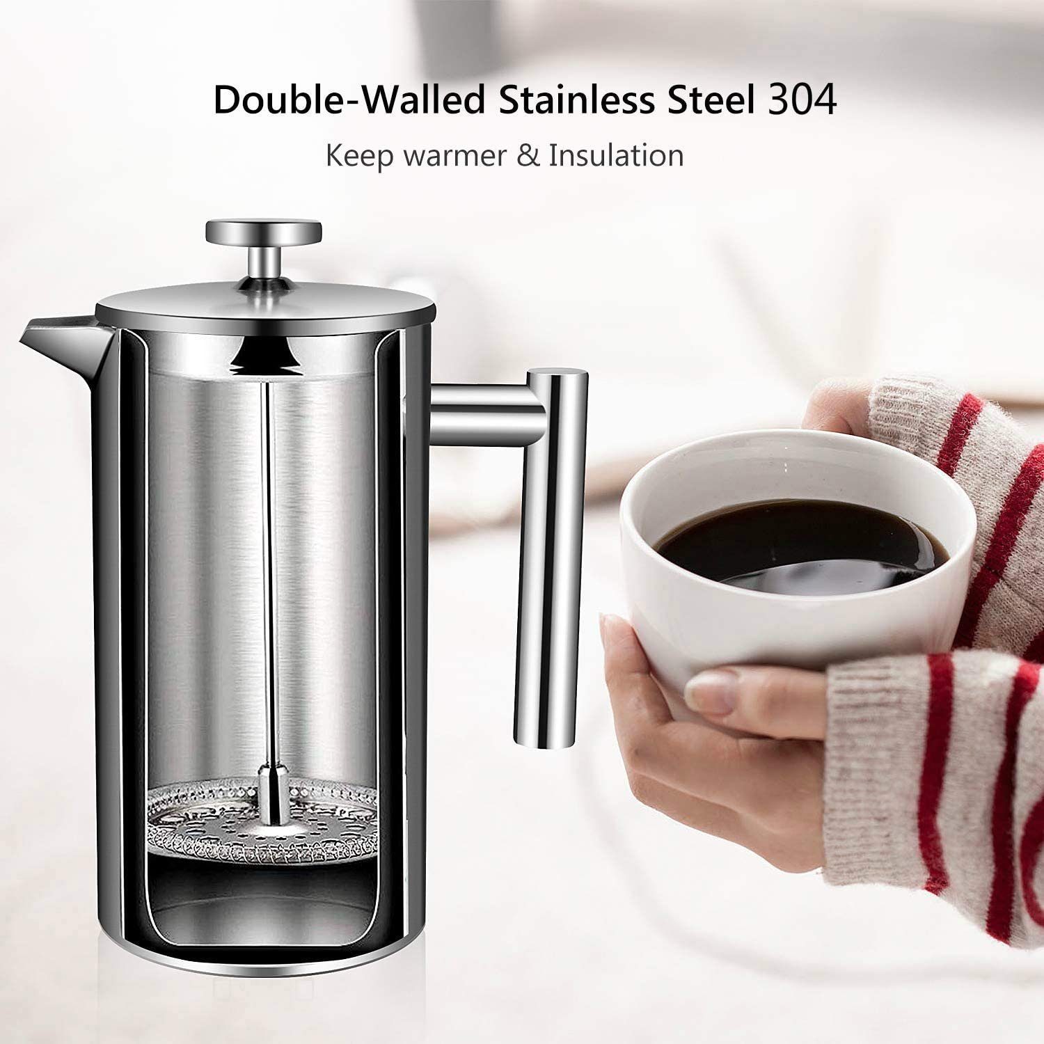 OZAVO Kaffeebereiter OZ230, 6 Edelstahl-Filter Φ9.5cm, Kaffeekanne, 1L Doppelwandig French Press System, Doppelwandig Edelstahl Kaffepresse
