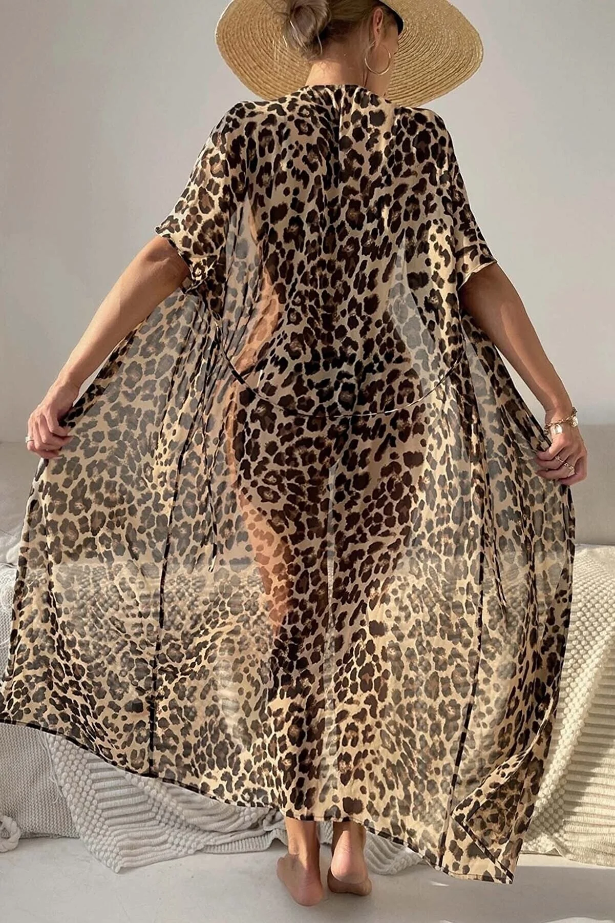 Angelsin  Chiffon-Strandkleid mit Leopardenmuster und langer Vorderseite zum Binden, Pareo-Kimono