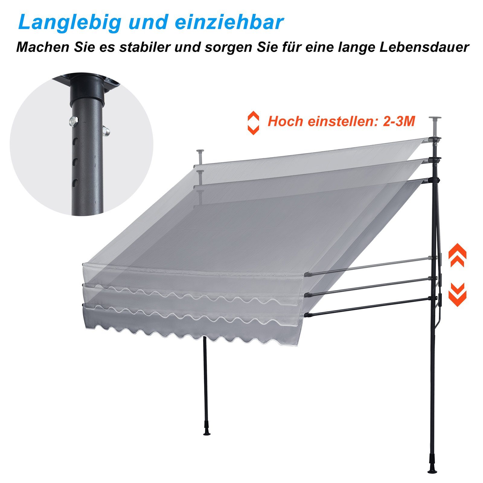 LEMROE Klemmmarkise 200-300cm Balkon Sonnenschutz mit Handkurbel