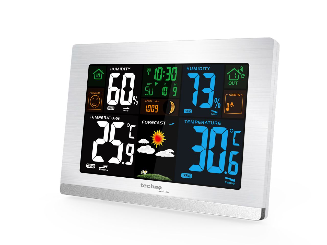 Technoline WS 6462 Funkwetterstation, Innentemperatur, Außentemperatur, Luftfeuchte, Luftdruck, Tendenzanzeige, Taupunkt, Farbdisplay, Funkuhr, Mondphasen, silber,quer