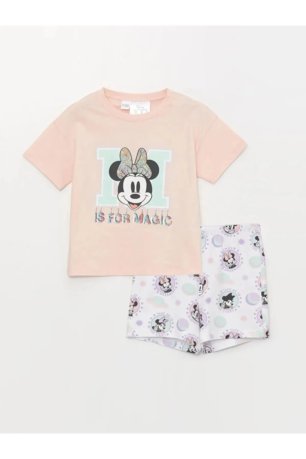 LC Waikiki  Kurzärmliges Pyjama-Set mit Rundhalsausschnitt und Shorts für Mädchen mit Minnie-Maus-Aufdruck