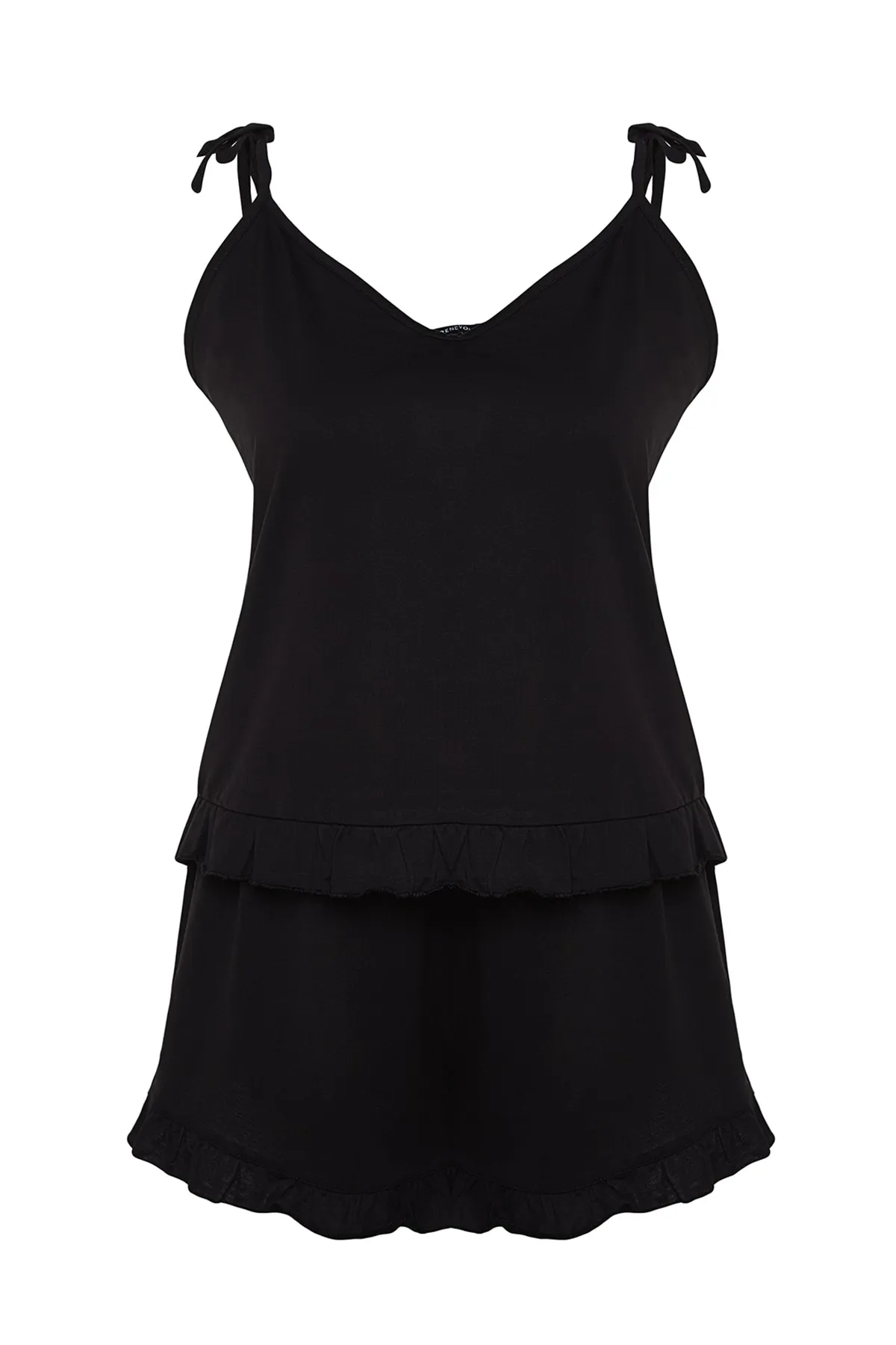 Trendyol Curve  Schwarzes Pyjama-Set aus Strick mit Trägern und Rüschendetail TBBSS22PT0564