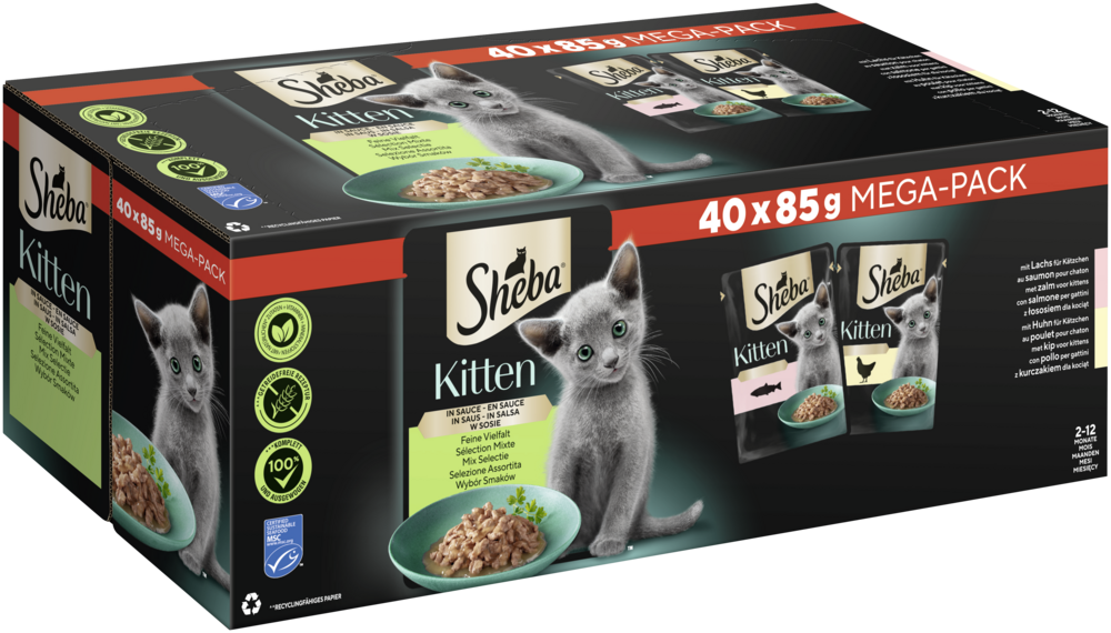 Sheba Portionsbeutel Multipack Mega-Pack Kitten in Sauce Feine Vielfalt mit Lachs, mit Huhn MSC 40 x 85g