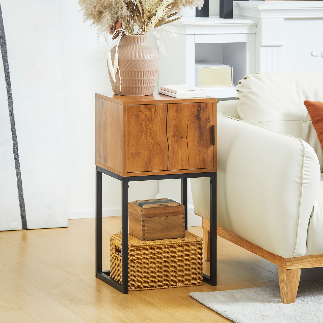 HOMCOM Konsolentisch, Flurtisch mit Schrank, Sofatisch im Industriedesign Natur