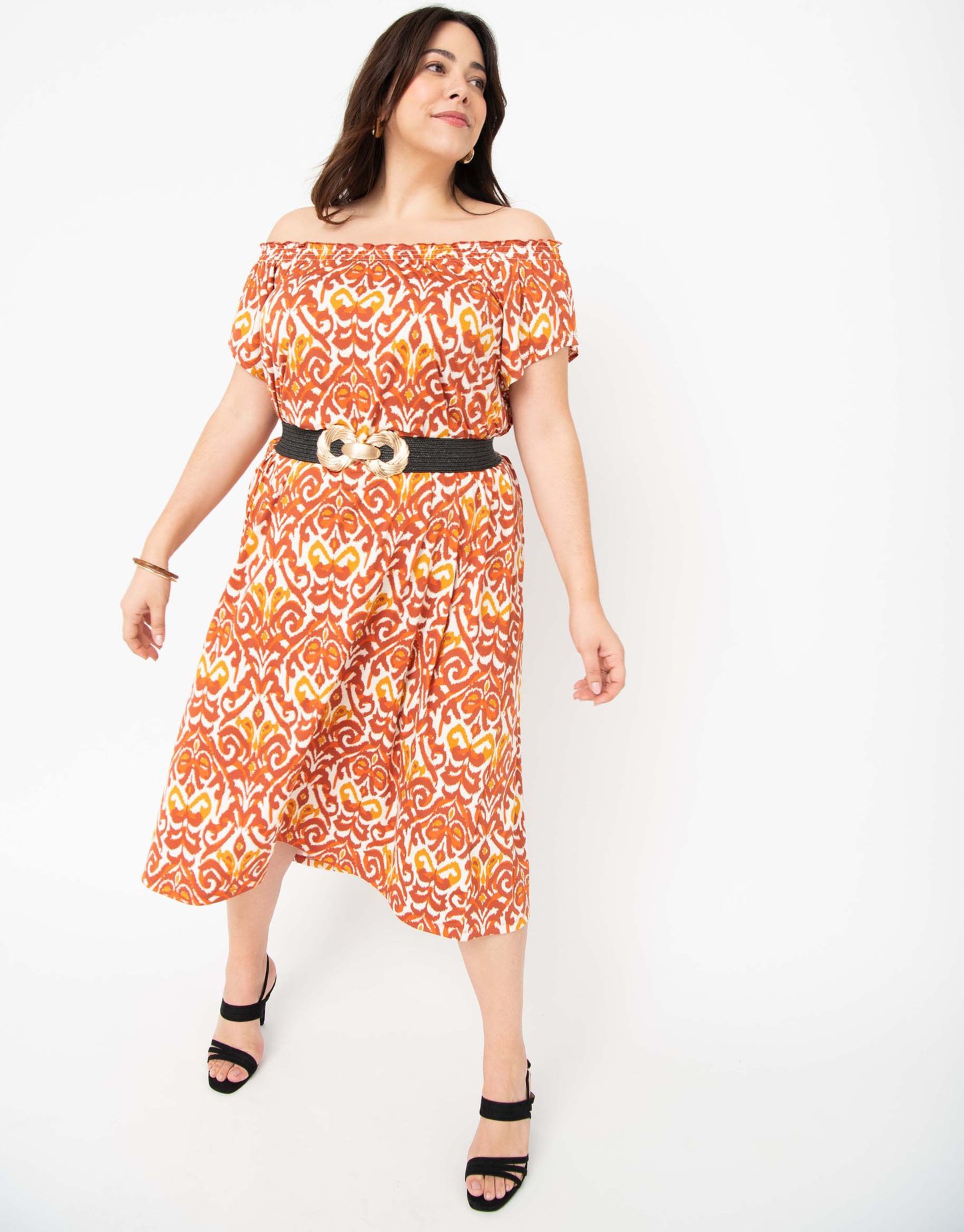Robe femme grande taille en maille extensible et col smocké imprime | GEMO