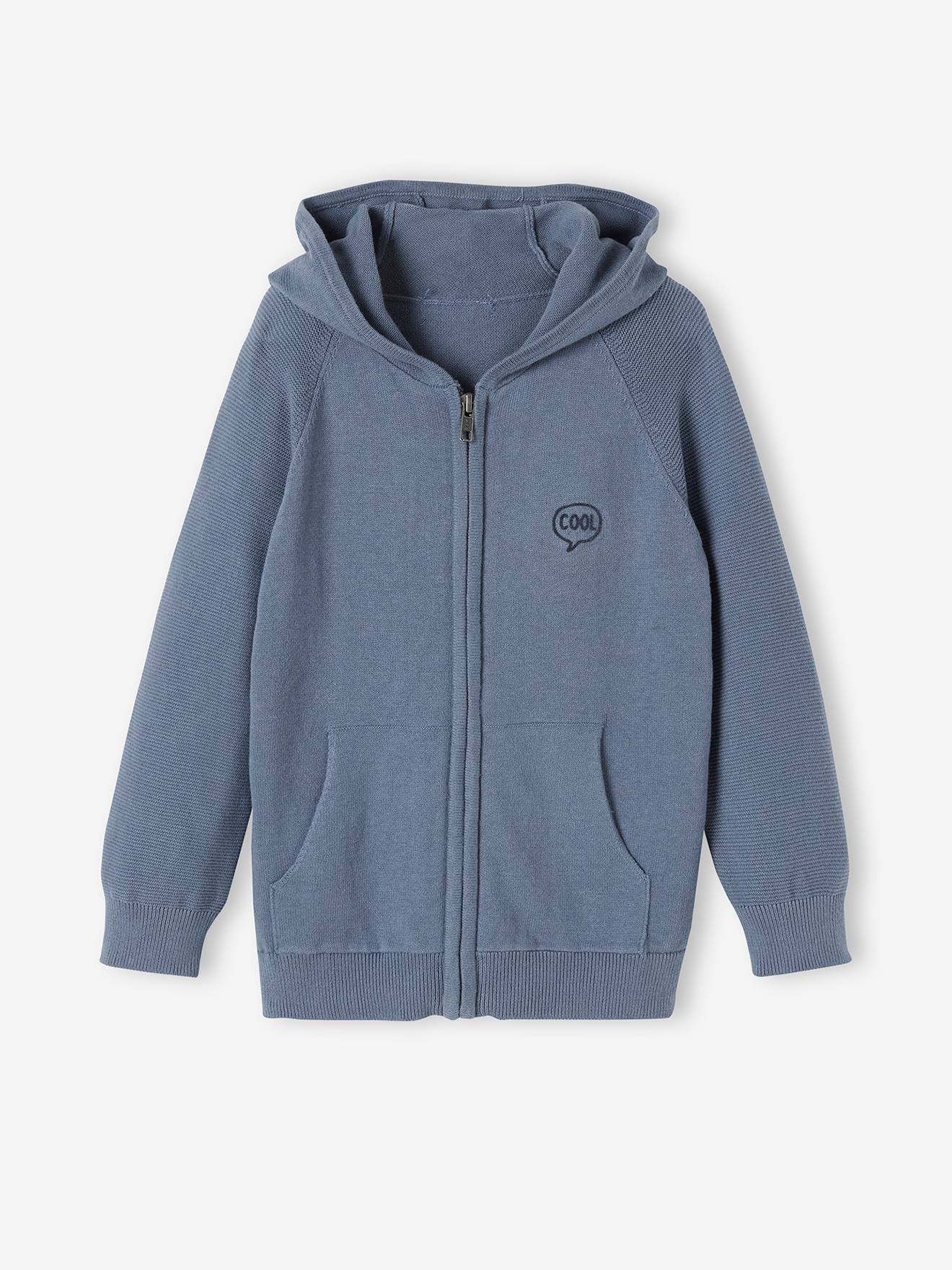 Gilet à capuche manches point mousse garçon dark bleu indigo