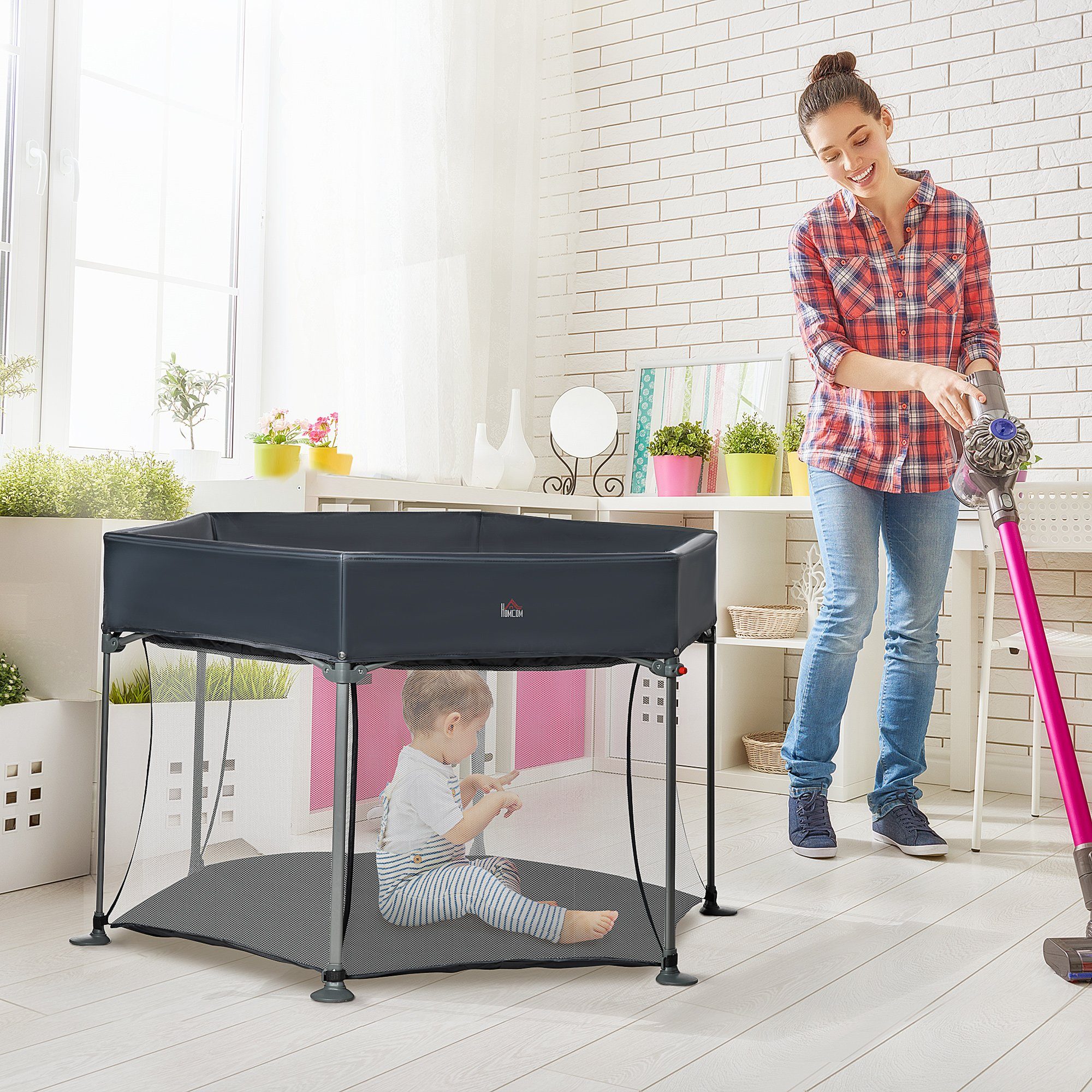 HOMCOM Laufgitter Laufstall klappbar tragbar 134 cm x 134 cm x 83 cm Mesh PP Grau (Set, 1-tlg), zusammenklappbar