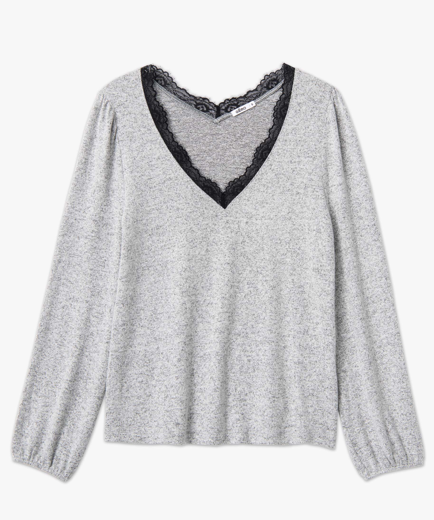 Pull femme en maille douce à col V en dentelle gris clair | GEMO