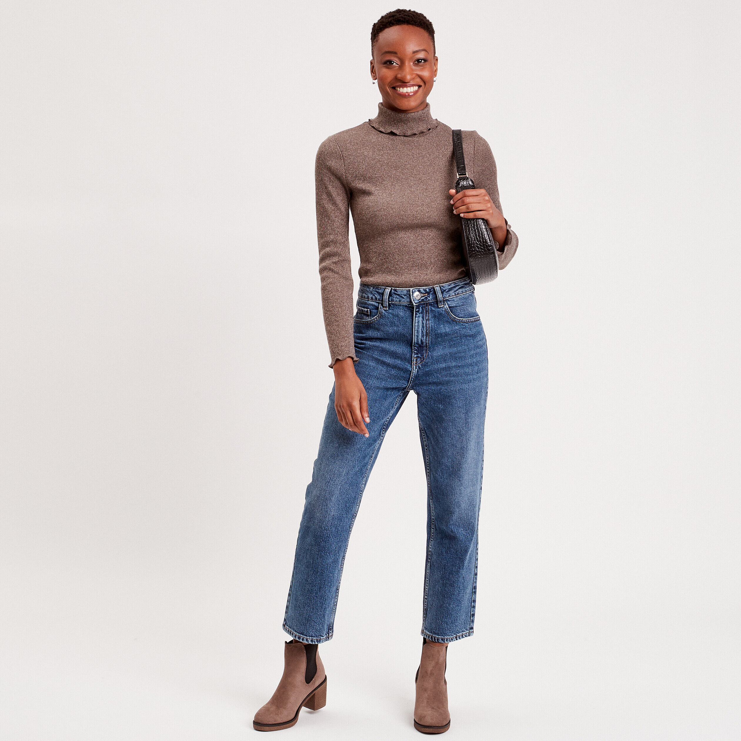 T-shirt col roulé bord vague taupe femme | Cache Cache