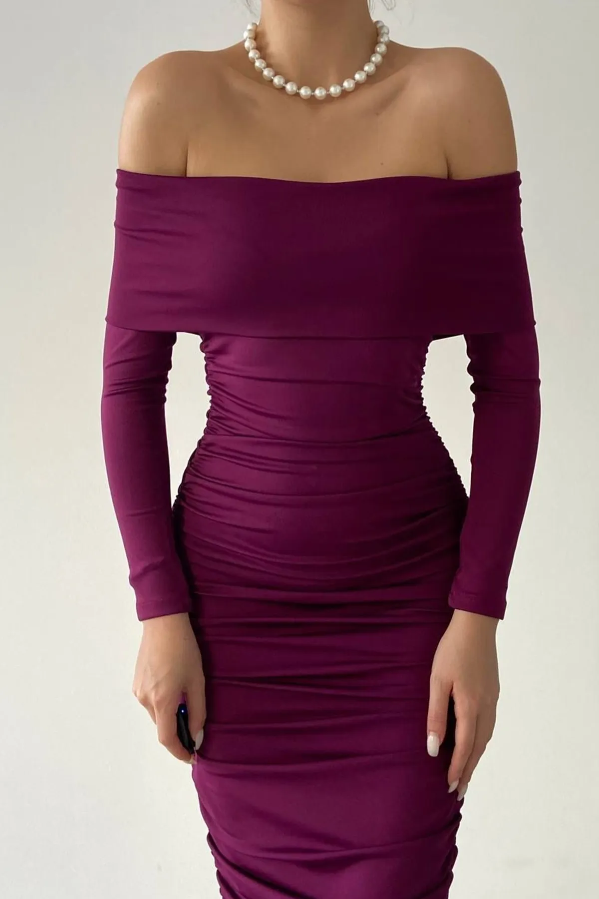 vuvutasarım  Dehnbarer Sandstoff, trägerloser Kragen, Midi-Länge, Bleistiftschnitt, langärmeliges lila Kleid 189