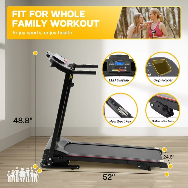 2.5HP Folding Treadmill Portable Running Walking Compact Exercise Machine with 12 Preset Program, LED Display, Bluetooth Music Easy Assembly for Home