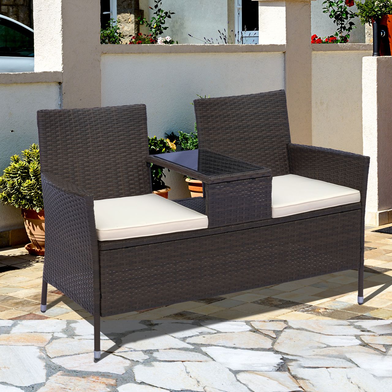 Outsunny Polyrattan Gartenbank Gartensofa Sitzbank mit Tisch 2-Sitzer Stahl Braun