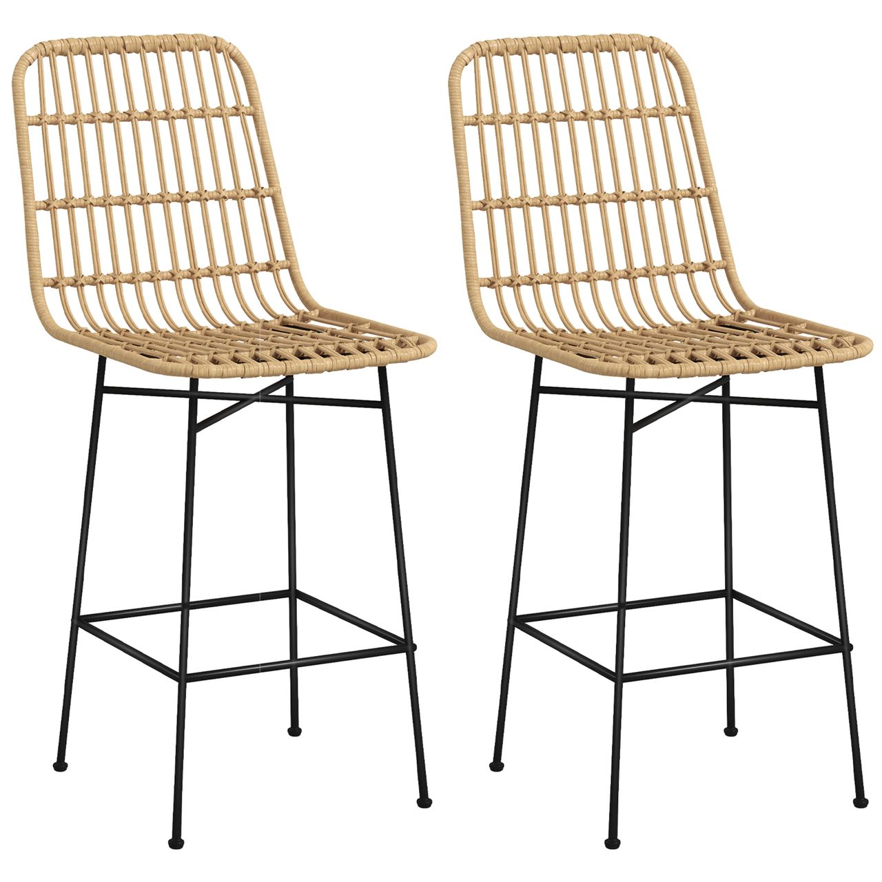 HOMCOM Barhocker 2er-Set, Barstuhl mit Rückenlehne aus PE-Rattan, Gelb