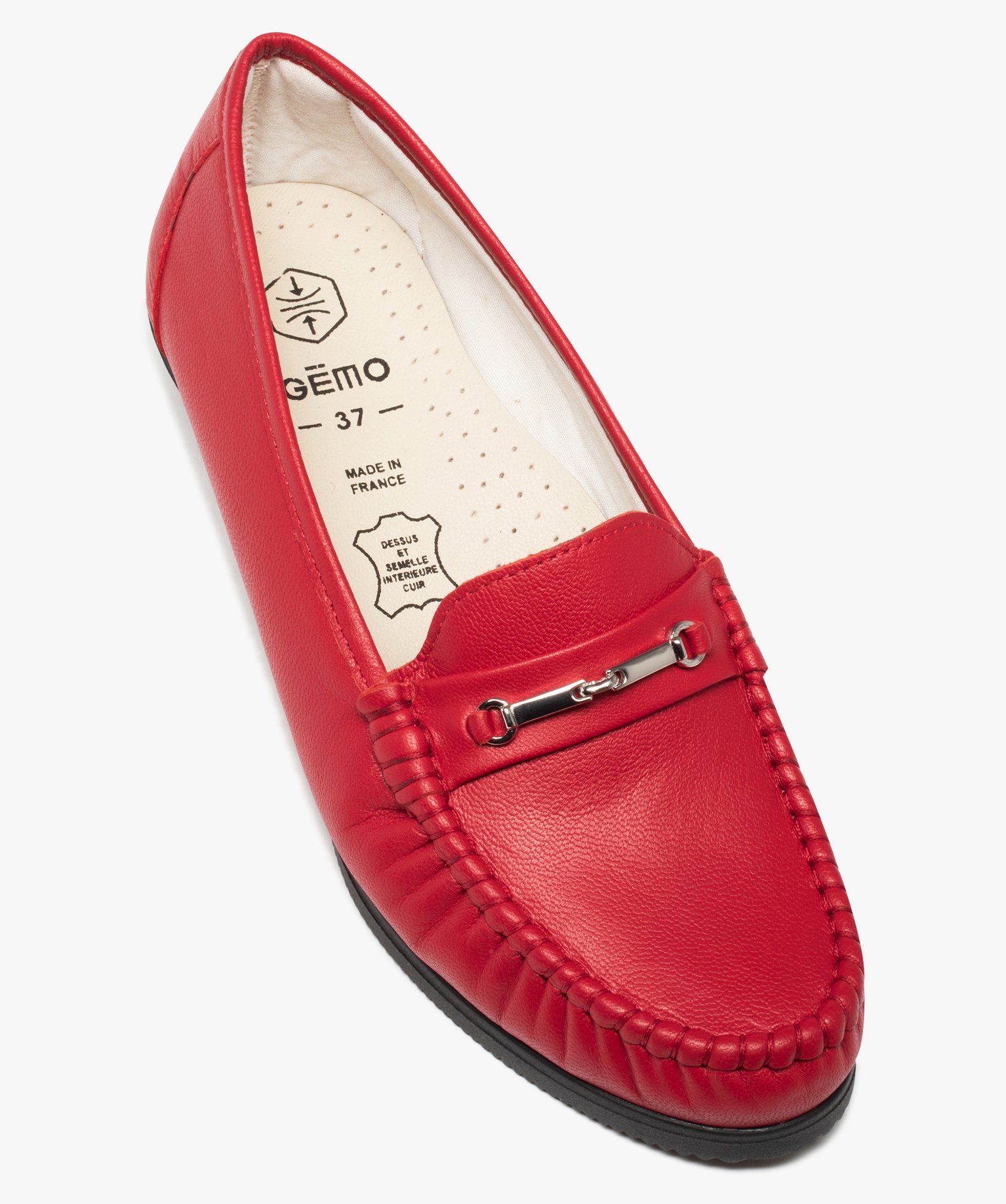Mocassin femme confort à talon compensé dessus cuir uni rouge | GEMO