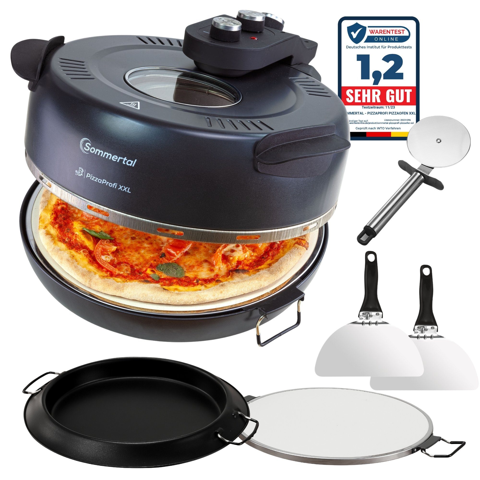Sommertal Pizzaofen Sommertal PizzaProfi XXL Pizzaofen, 39cm Pizzastein, mit Pfanneneinsatz, 2x Pizzaschieber, Pizzaschneider, Steinplatte