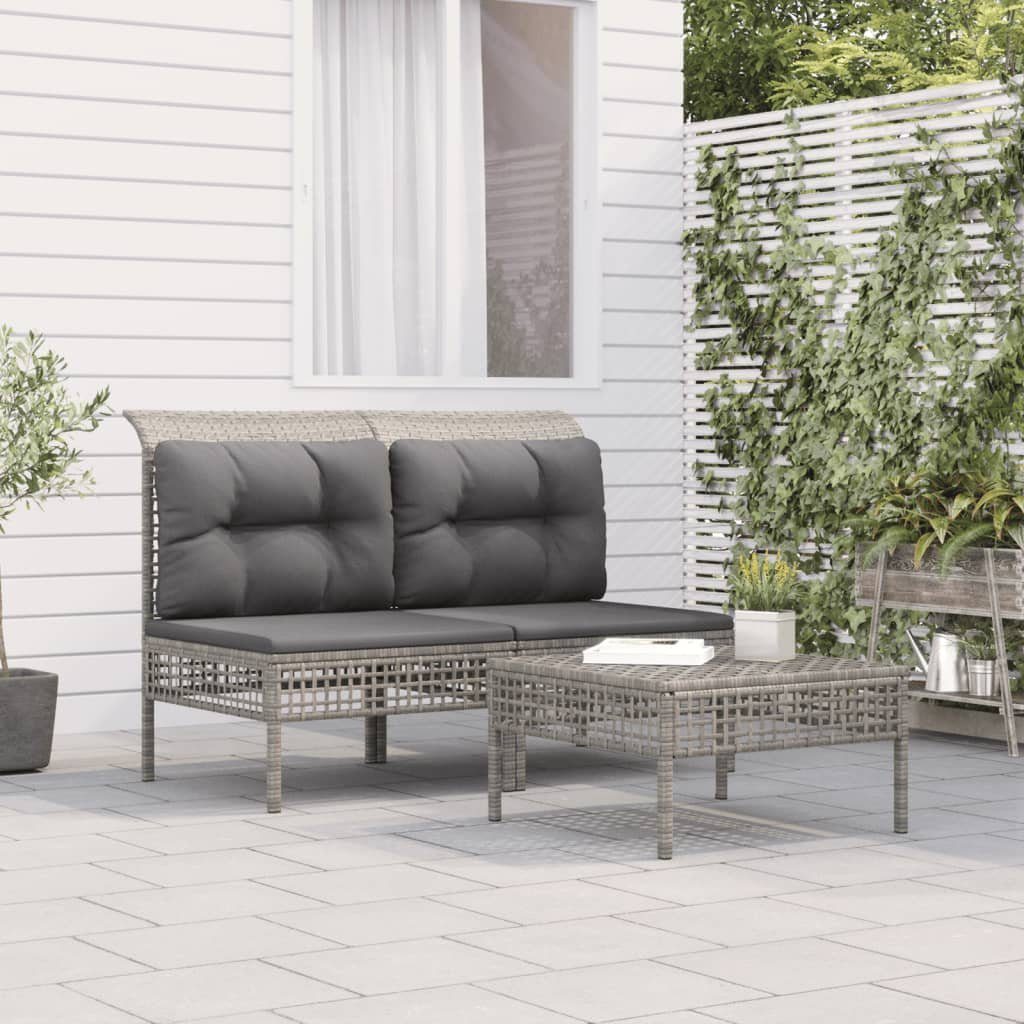 vidaXL Gartenlounge-Set 3-tlg. Garten-Lounge-Set mit Kissen Grau Poly Rattan, (1-tlg)