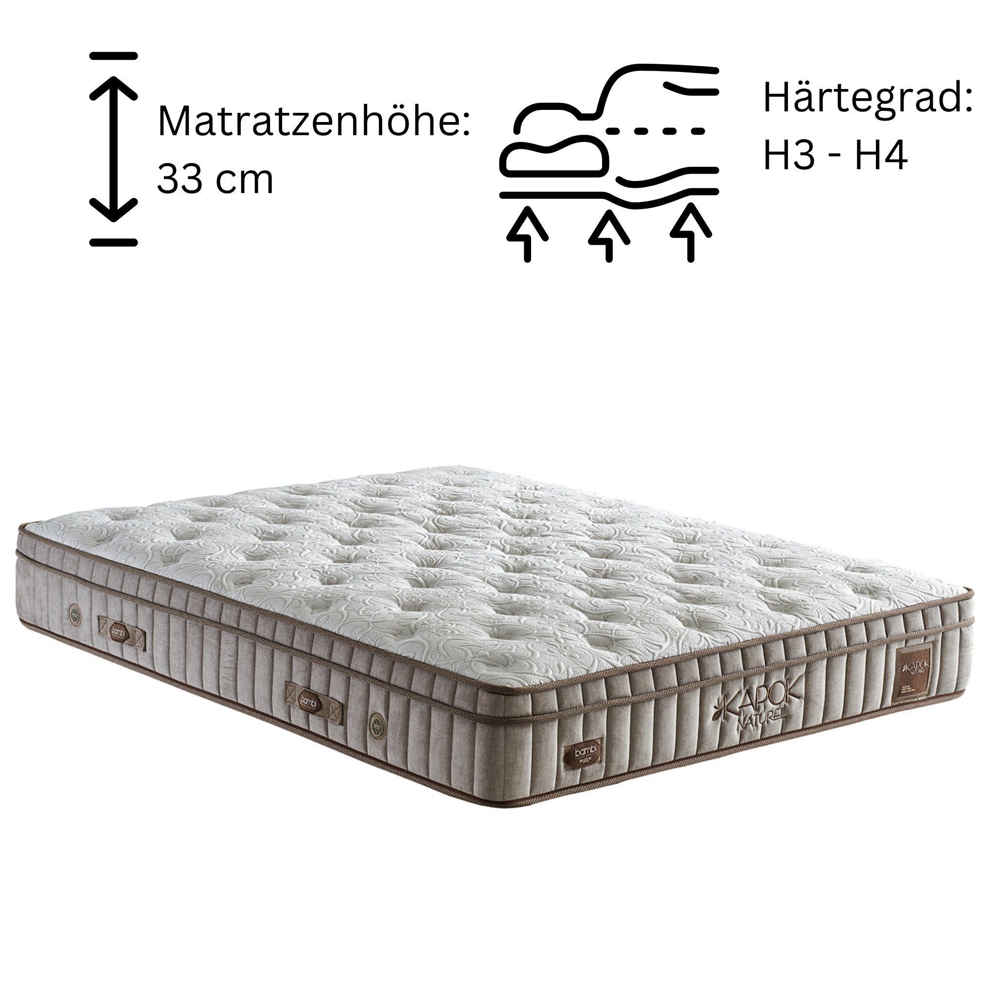 Boxspringmatratze Taschenfederkernmatratze 8 Schichten Höhe 33 cm Matratze Kapok, KuffeSleep
