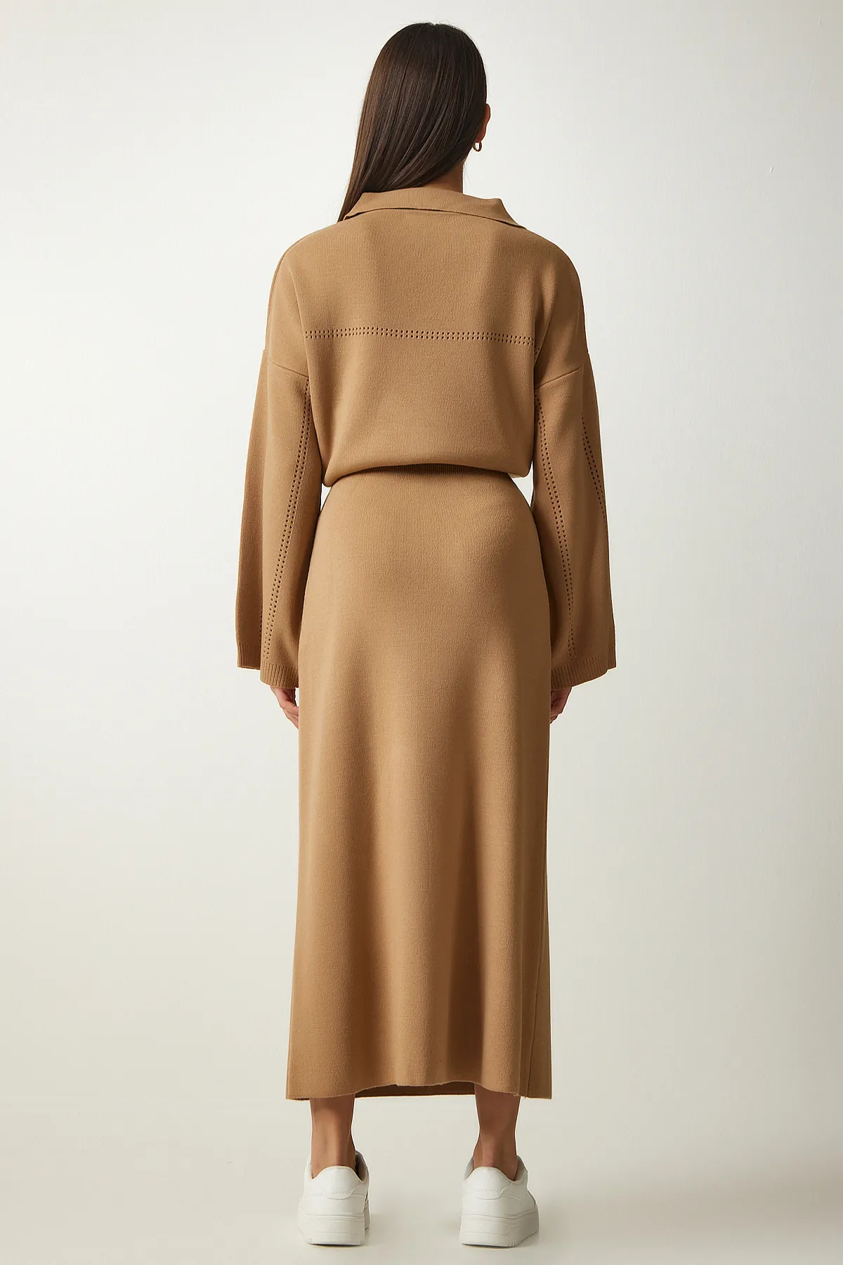 Happiness İstanbul  Kamelfarbener Damen-Polokragen-Stilvoller Strickpullover-Rock-Anzug YY00186