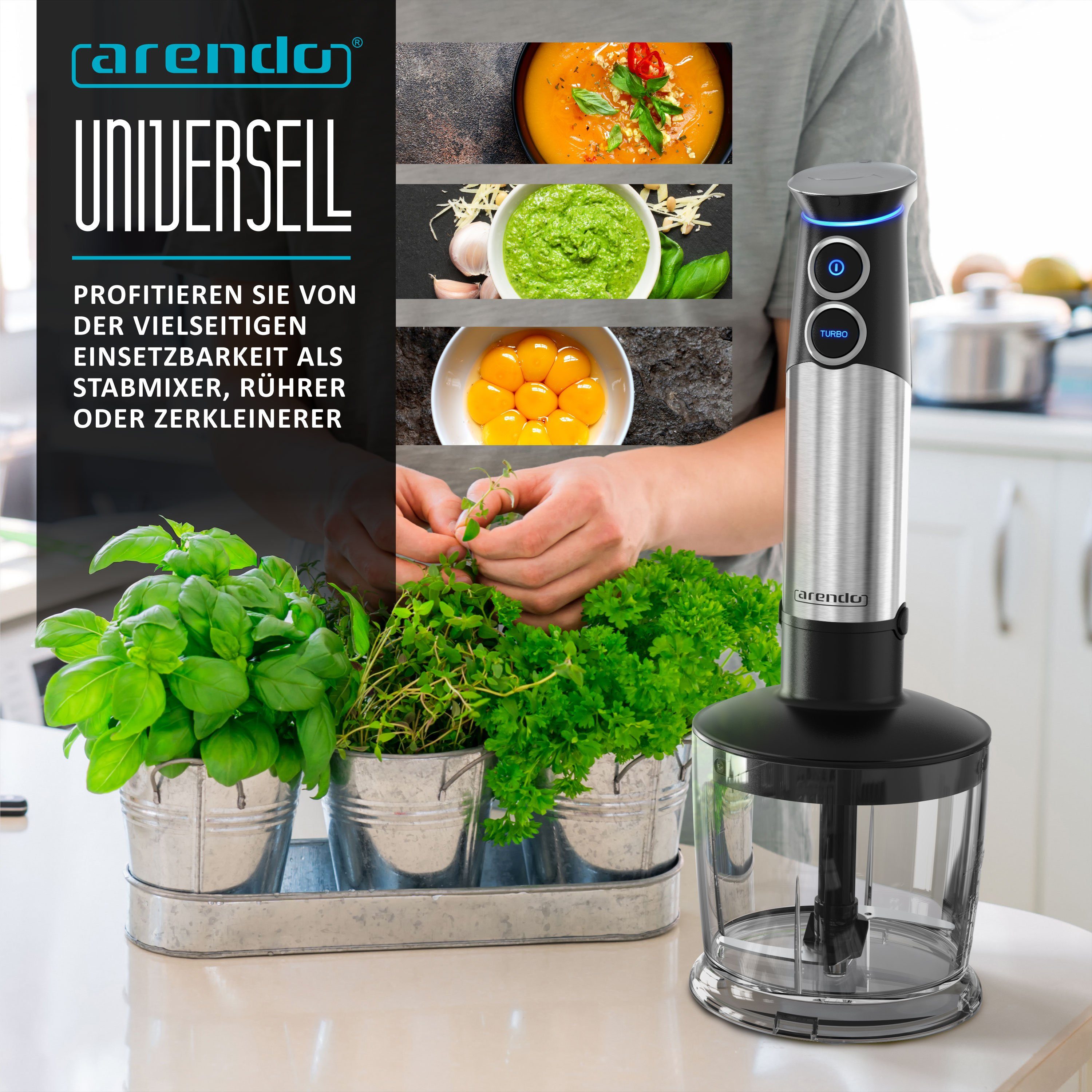Arendo Stabmixer, 1500 W, Pürierstab Edelstahl Set, stufenlose Geschwindigkeit + Turbotaste