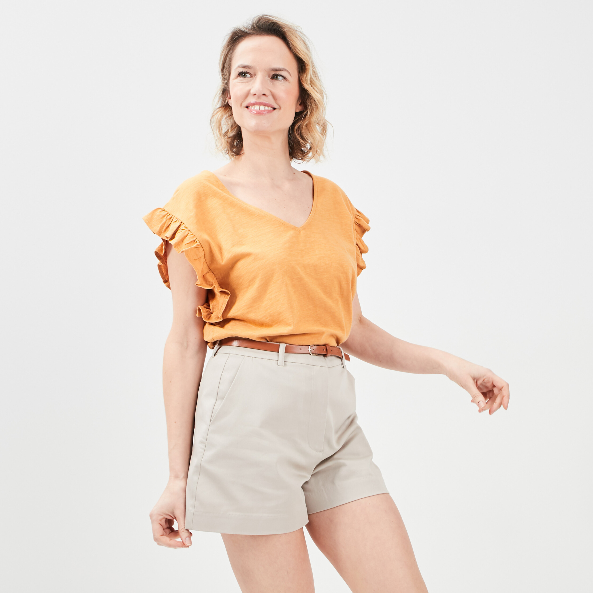 T-shirt manches courtes à volants jaune moutarde femme | La Halle