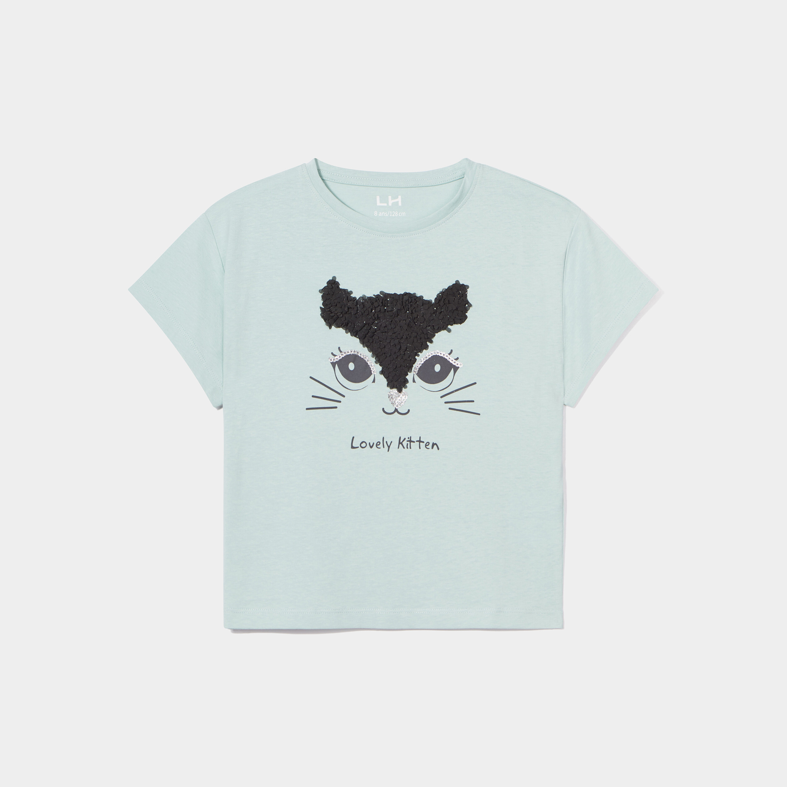 T-shirt à pétales manches courtes coton bleu gris fille | La Halle