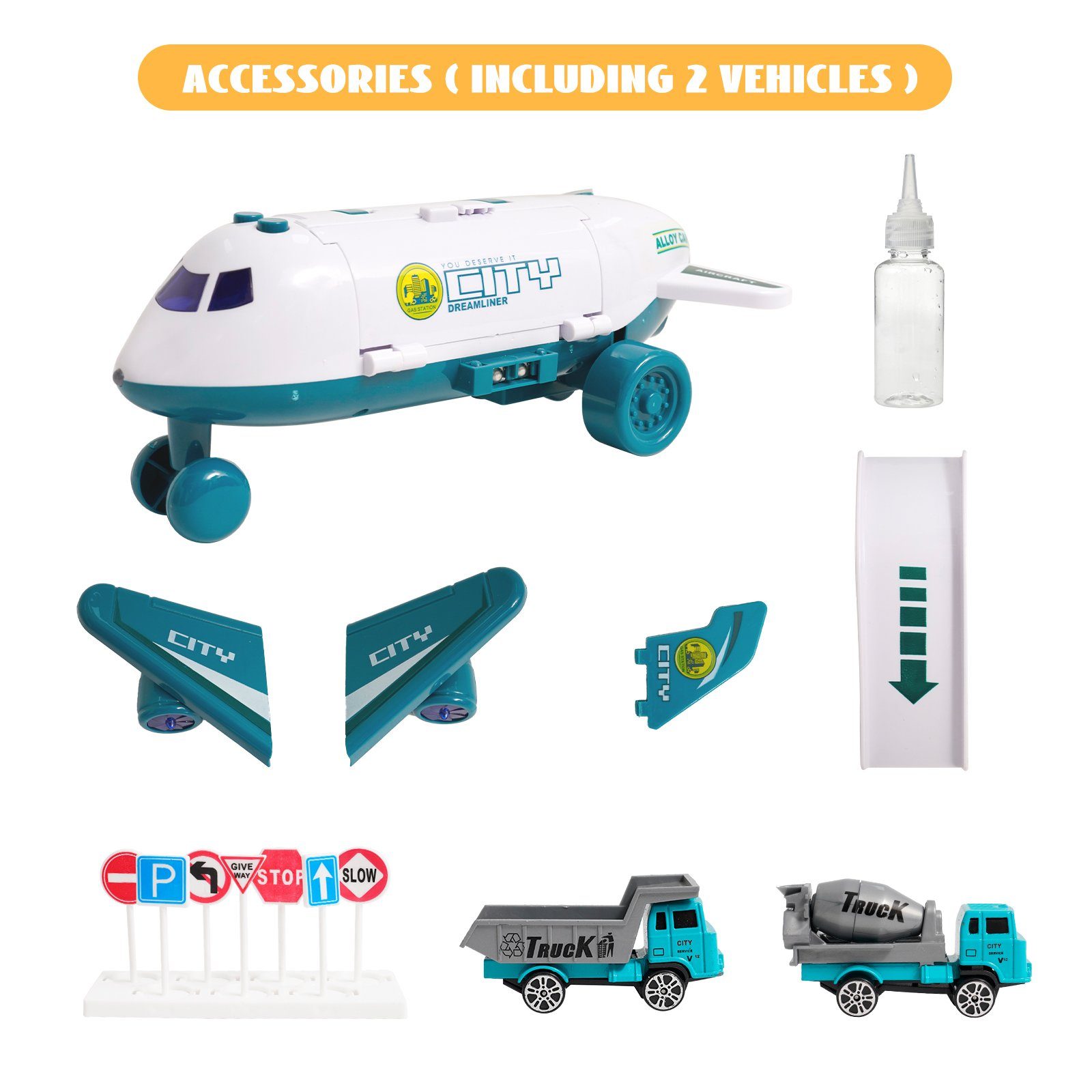 BeebeeRun Spielzeug-Flugzeug, (Transportflugzeug mit simuliertem Abgas-Effekt - Sprüheffekt mit Wasseraufnahme & 2 Lastwagen)