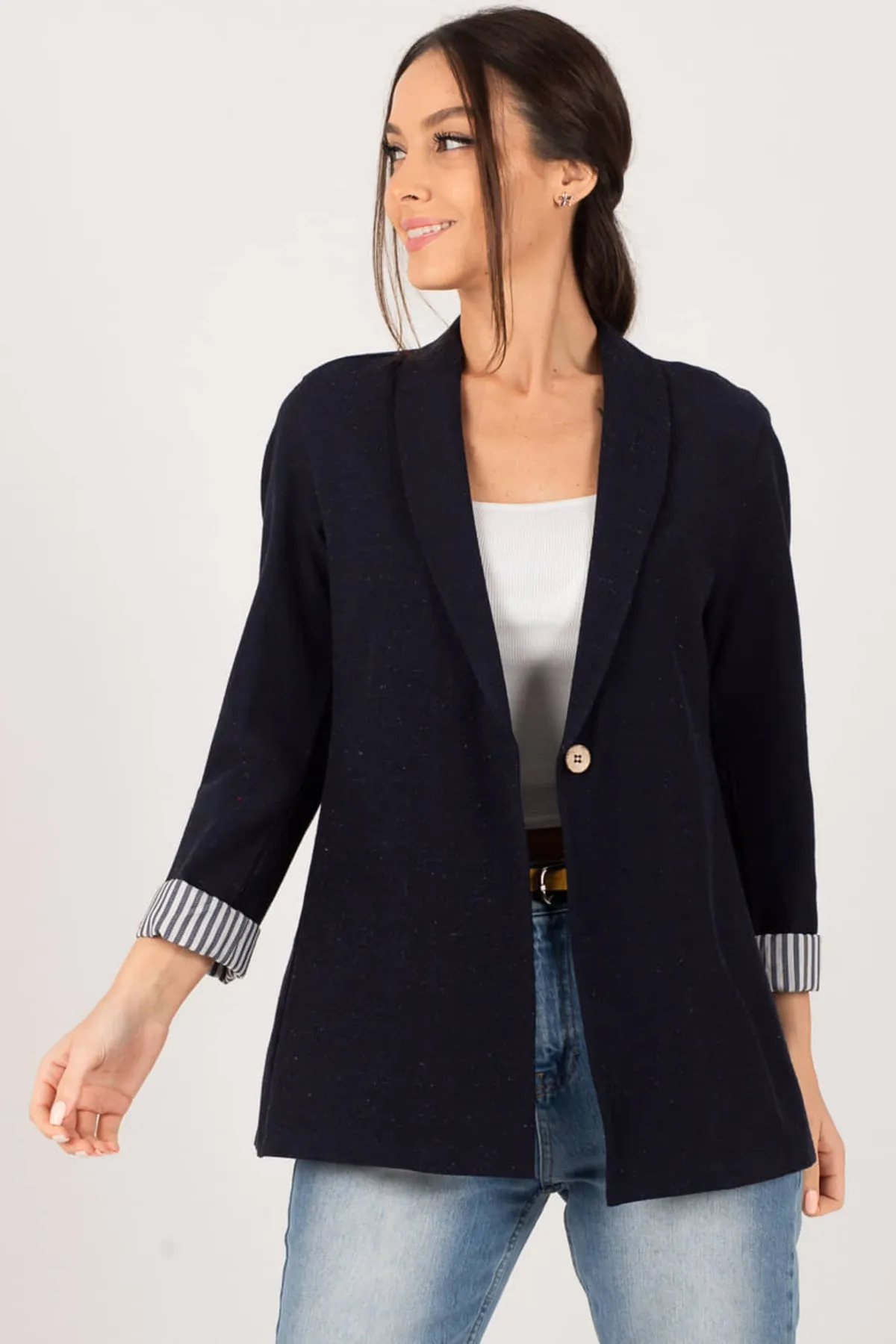 armonika  Damen-Jacke mit einem Knopf, dunkelblau, innen gestreift, ARM-22K001122