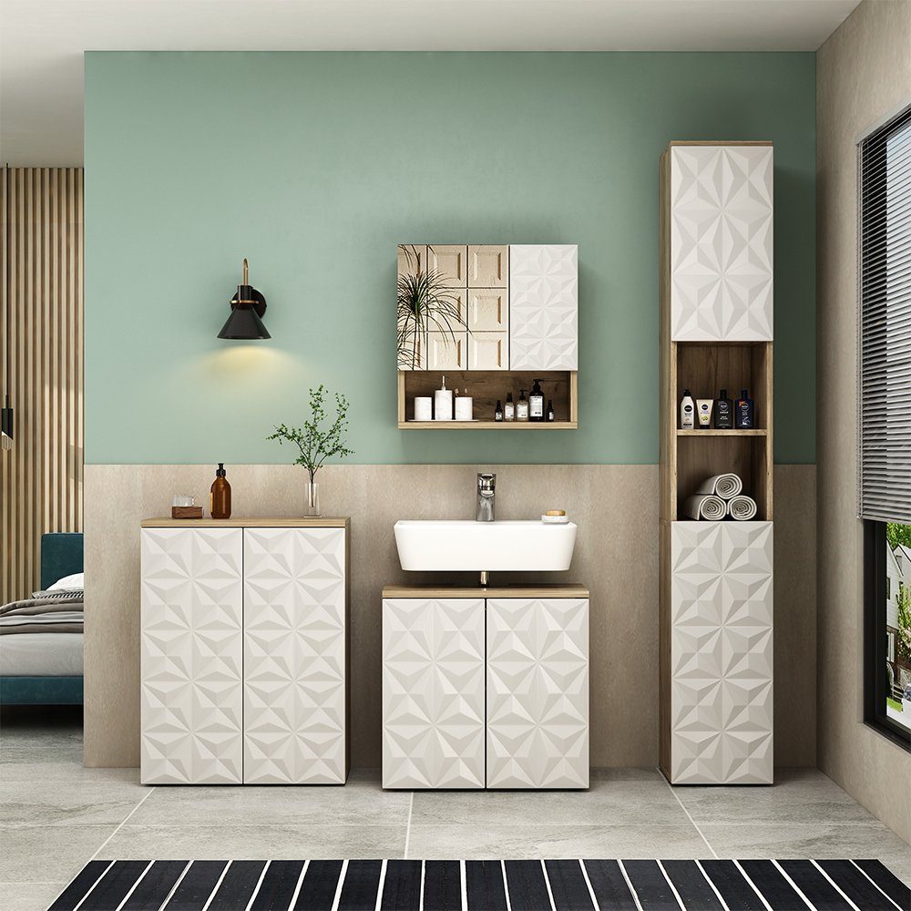 Vicco Badezimmerspiegelschrank Badmöbel EDGE Eiche/Weiß