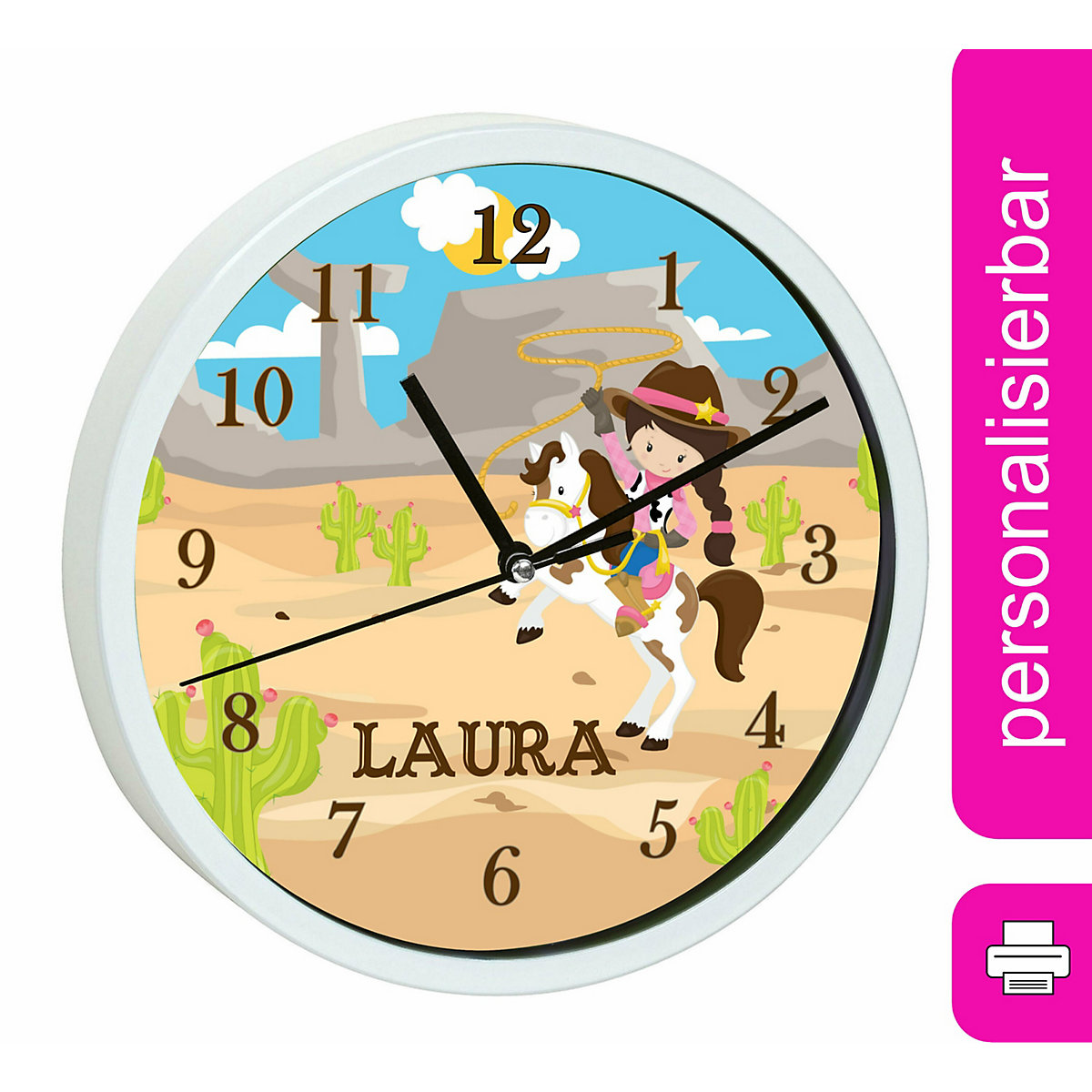 Kinder Wanduhr personalisiert mit Name Cowgirl