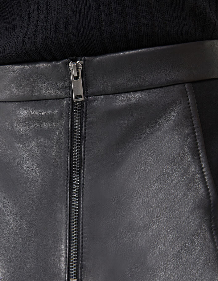 Jupe crayon coloris noir bi-matière en cuir et viscose femme