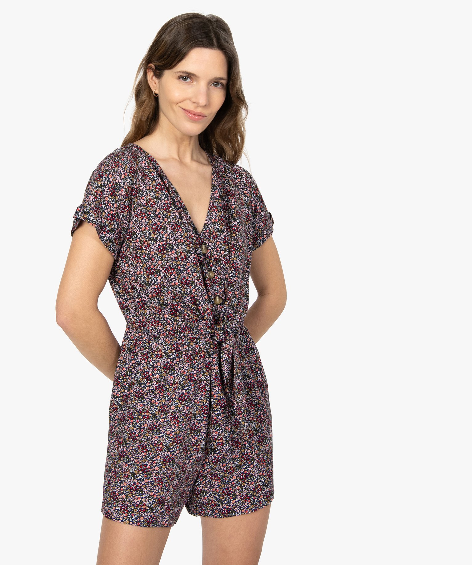 Combishort femme à motifs fleuris boutonné sur l’avant imprime | GEMO