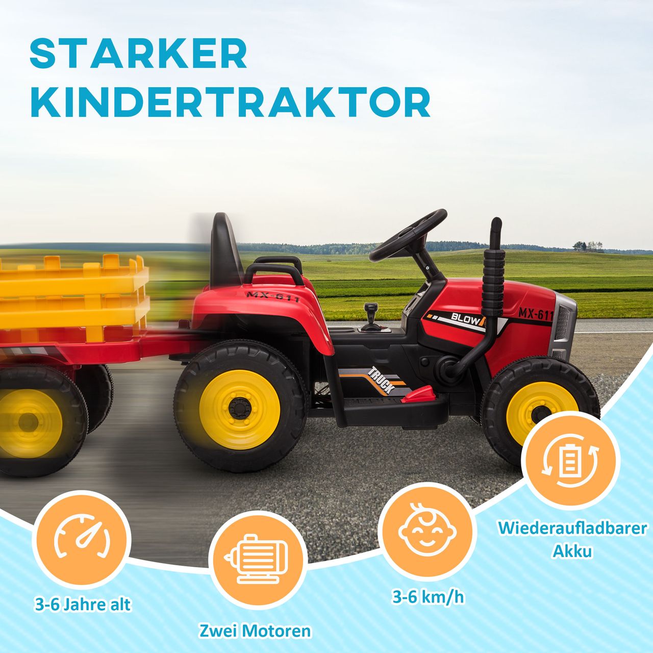 HOMCOM Elektrischer Traktor Kinder Aufsitztraktor mit MP3 Funktion, 3-6KM/H Rot