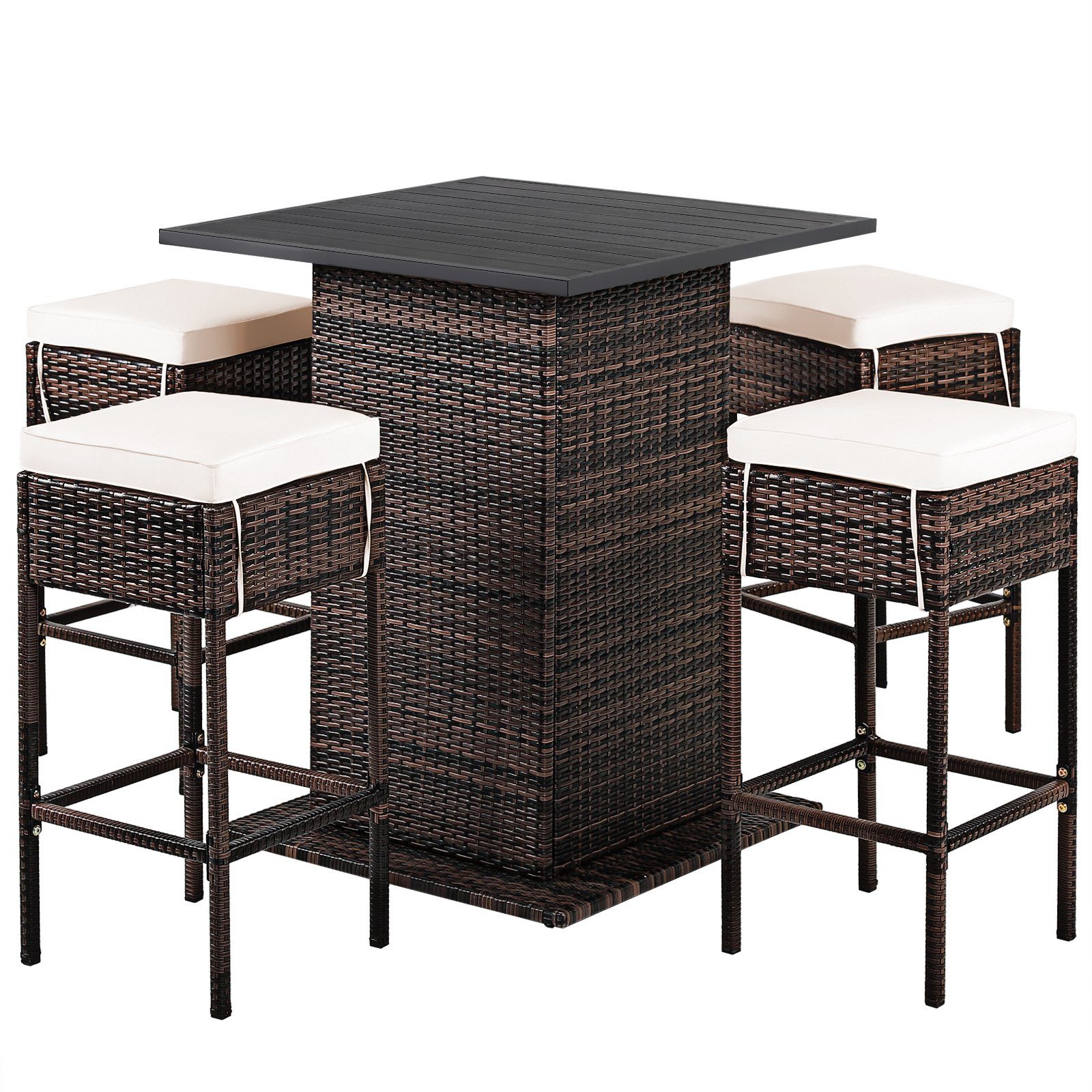 COSTWAY Gartenbar-Set, 5-tlg, Rattan, Tisch mit Stauraum&4 Hockern mit Kissen