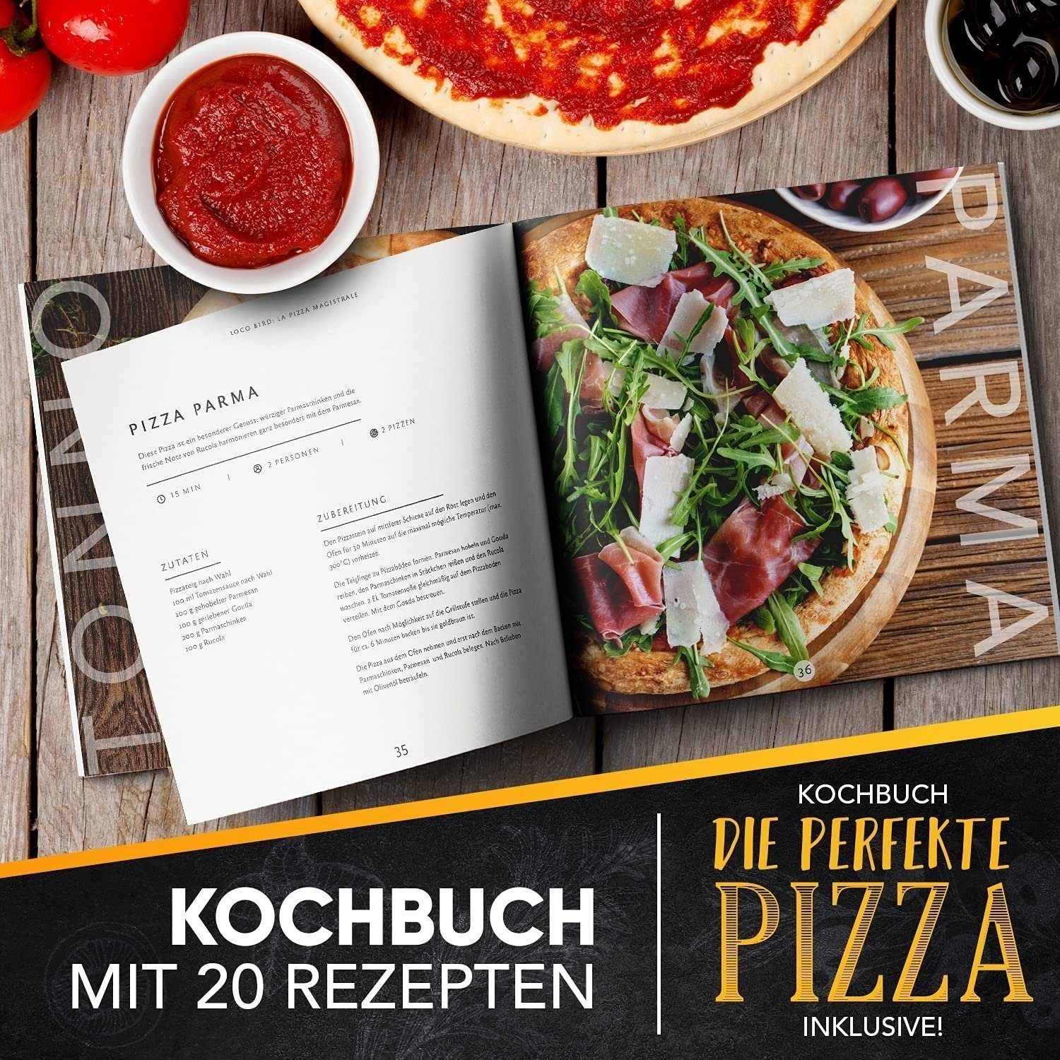 Sidorenko Pizzastein Backstein für Backofen & Gasgrill inkl. Pizzasschieber und Pizzamesser- 4er Set - Pizzastein rechteckig aus Cordierit für knusprigen Pizzaboden wie vom Italiener, Pizzaschieber, Rezeptbuch und Pizzamesser, (4-St)