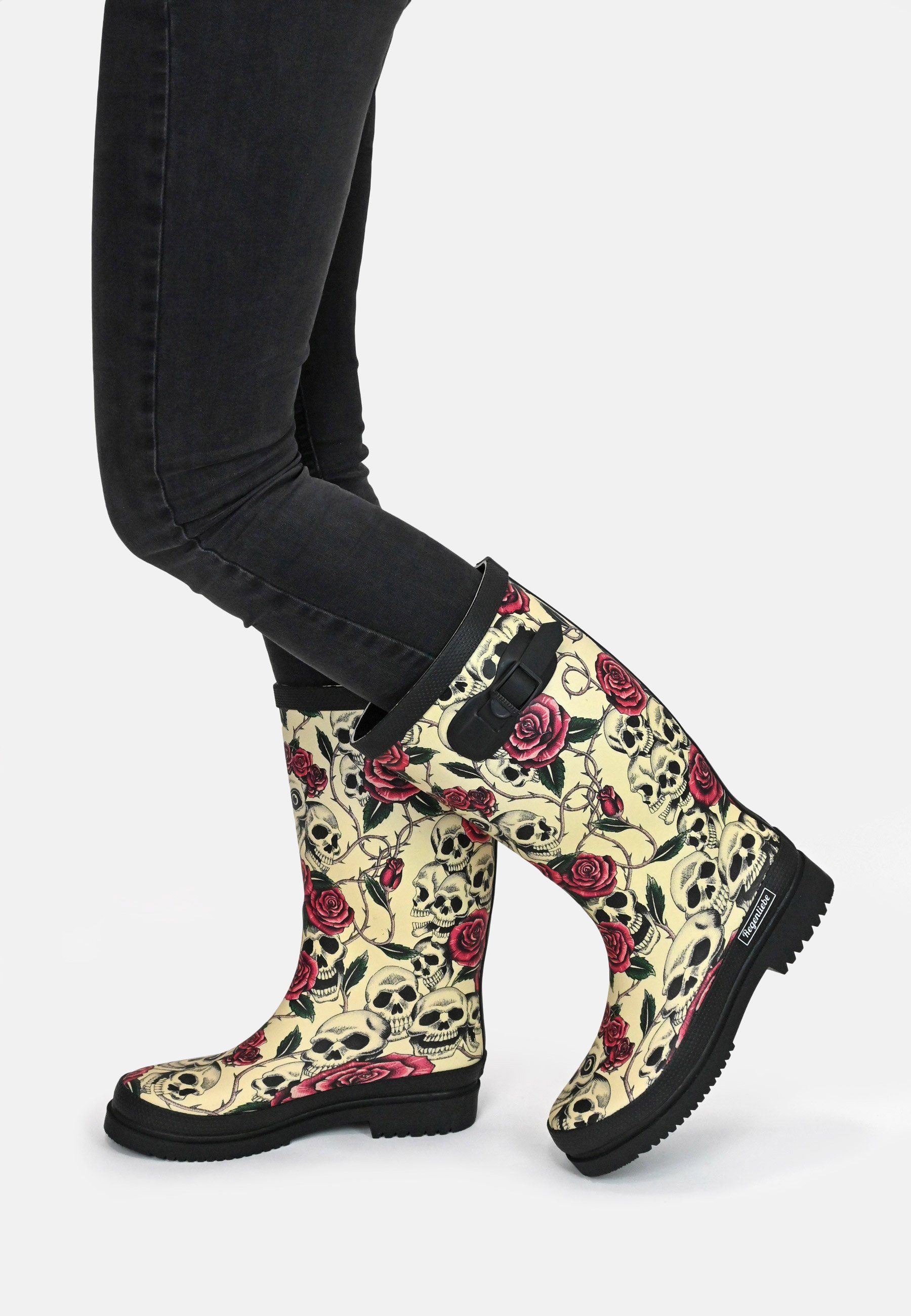 Regenliebe Ghost High Gummistiefel Langschaft Stiefel mit Totenköpfen und roten Rosen