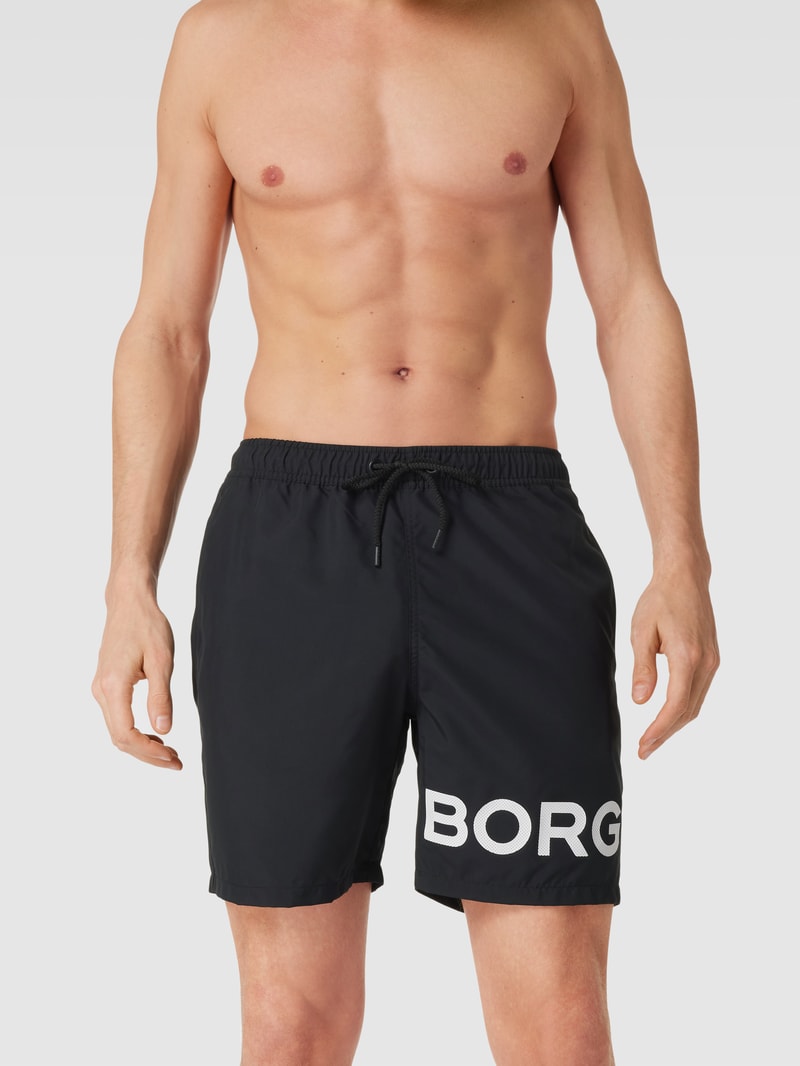 Badehose mit Label-Print Modell 'SHELDON' in schwarz