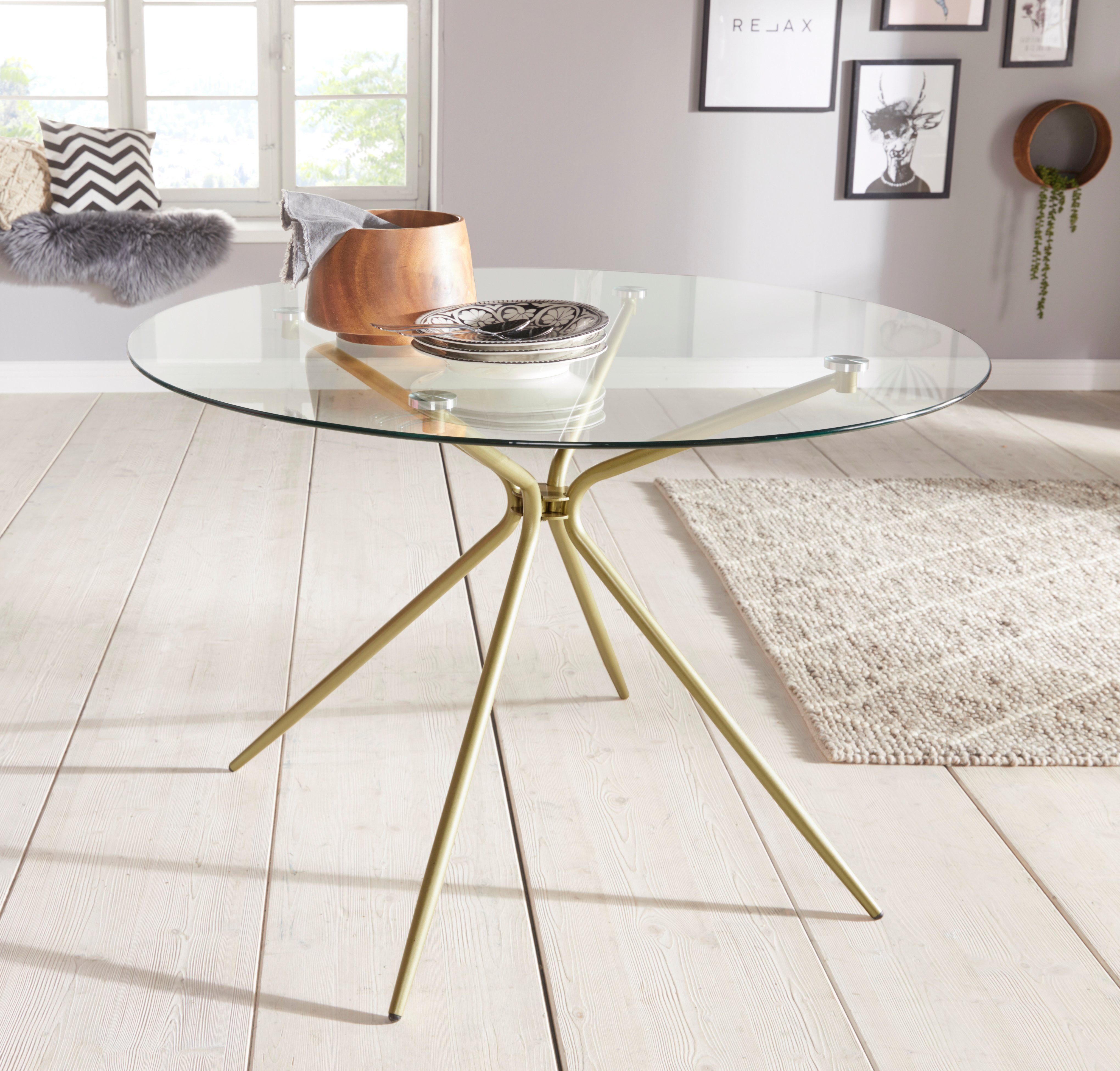 INOSIGN Glastisch Silvi, rund, Ø 110 cm, Metallgestell in messingfarben