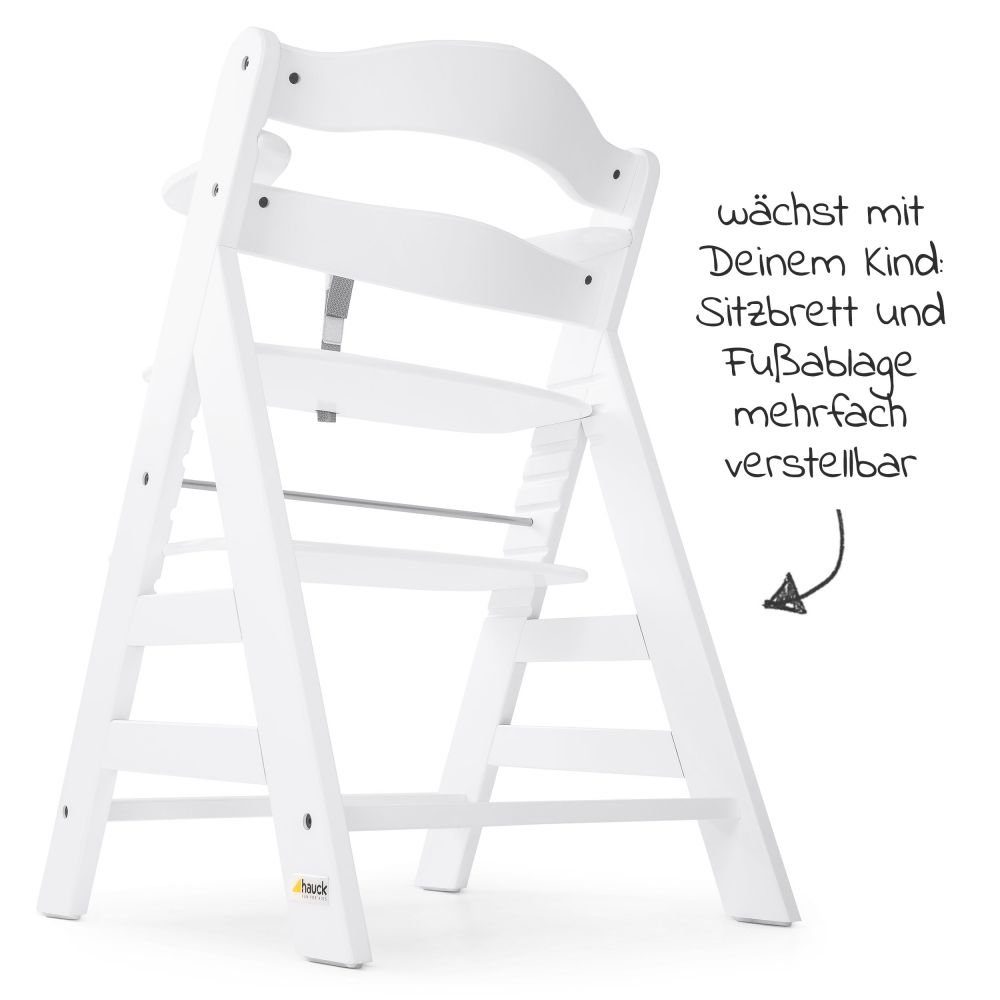 Hauck Hochstuhl Alpha Plus White (Set), Mitwachsender Holz Kinderhochstuhl mit Sitzauflage höhenverstellbar