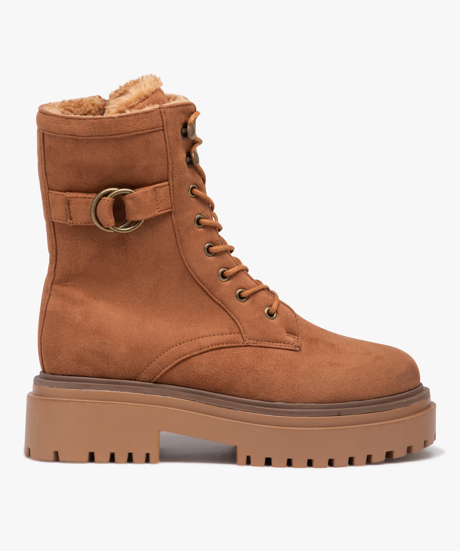 Boots fourrées femme unies en suédine à talon large et à... camel | GEMO