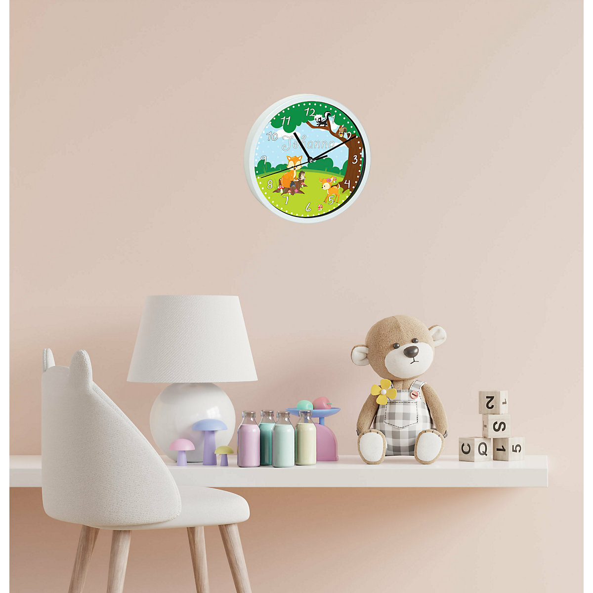 Kinder Wanduhr personalisiert mit Name Waldtiere