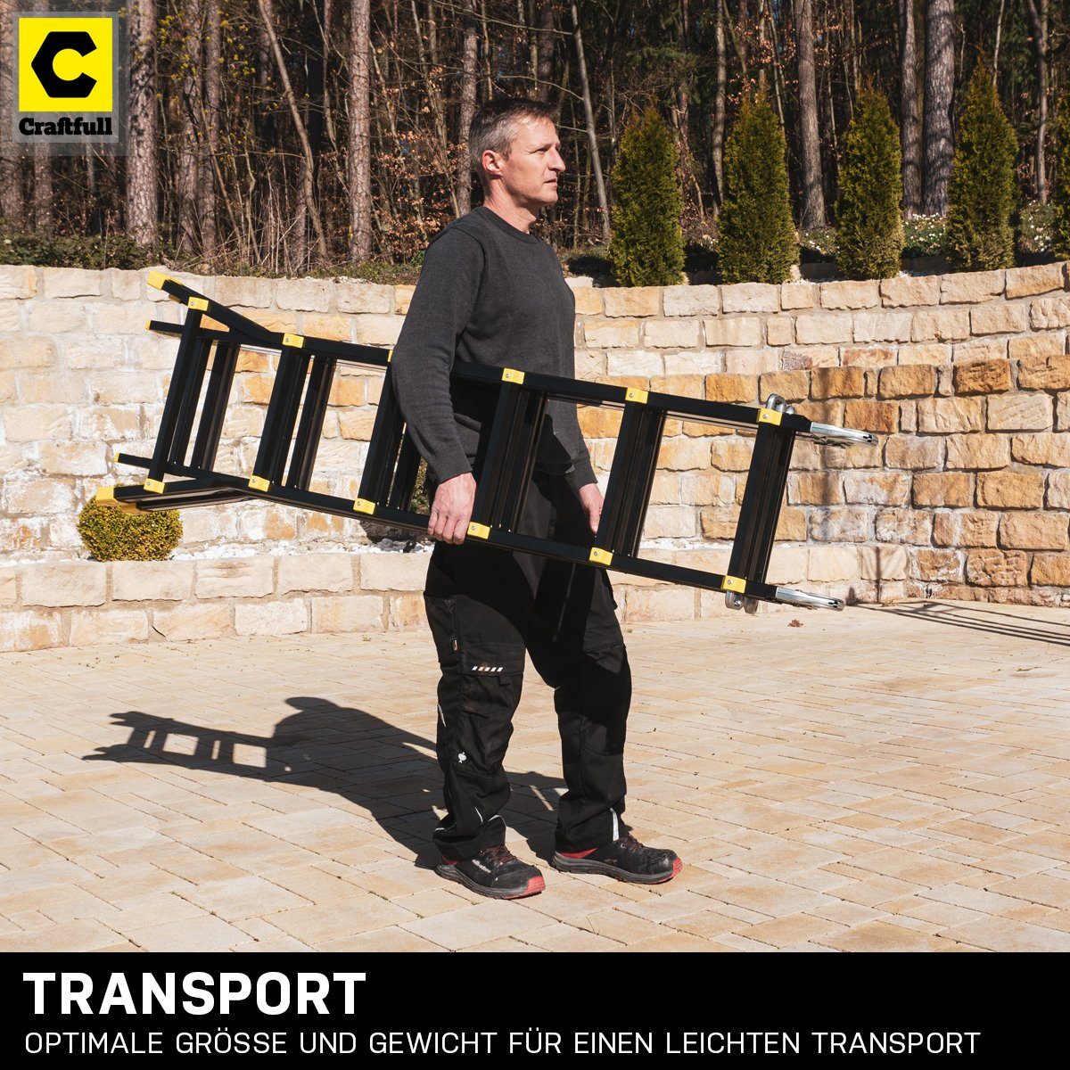 Craftfull Teleskopleiter 4in1 Treppenleiter CF-105A - 3 Jahre Garantie - 6,25 m - Aluminium (Black-Edition - 150 kg Traglast - Mehrzweckleiter Alu Stehleiter bis 150 kg - Anlegeleiter - Trittleiter - Wandleiter - Arbeitsbühne - Haushaltsleiter - Ausz