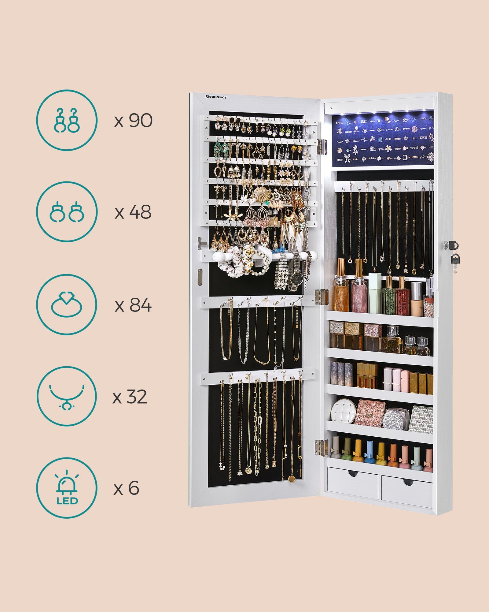 SONGMICS Schmuckschrank Spiegelschrank mit LED und Ganzkörperspiegel, weiß
