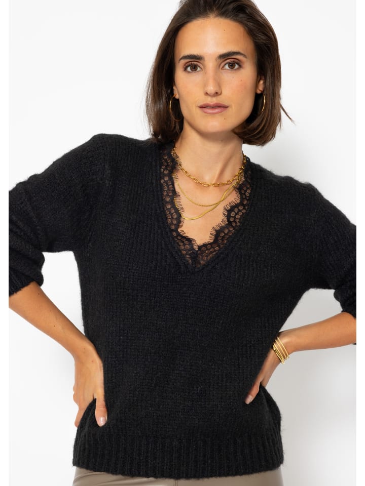 SASSYCLASSY Strickpullover mit Spitzendetail am Ausschnitt. in Schwarz günstig kaufen